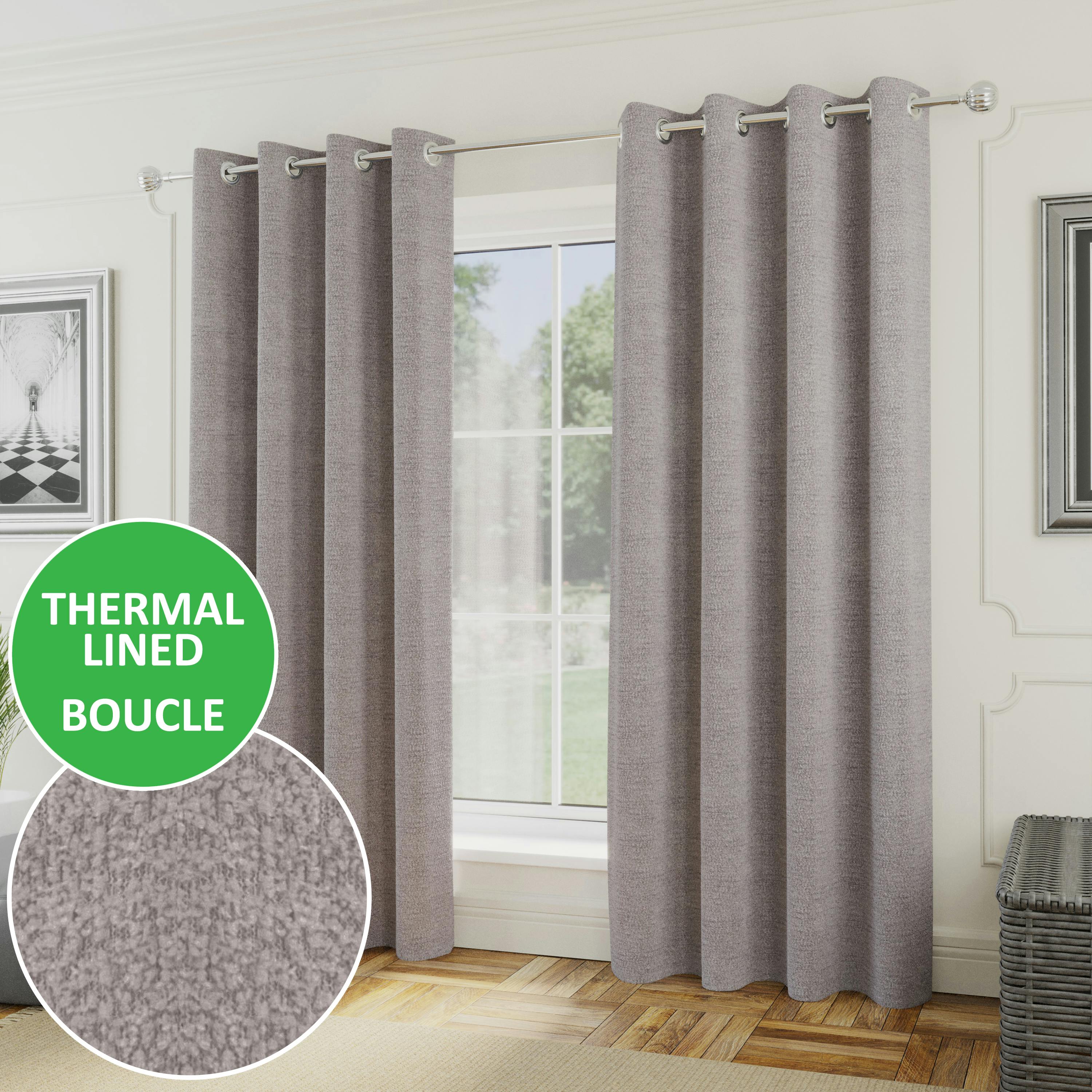 Enhanced Living Silver Thick Boucle Thermal Room Darkening Eyelet Curtain For Living Room & Bedrooms - 72" (183Cm) - 66" (168Cm)