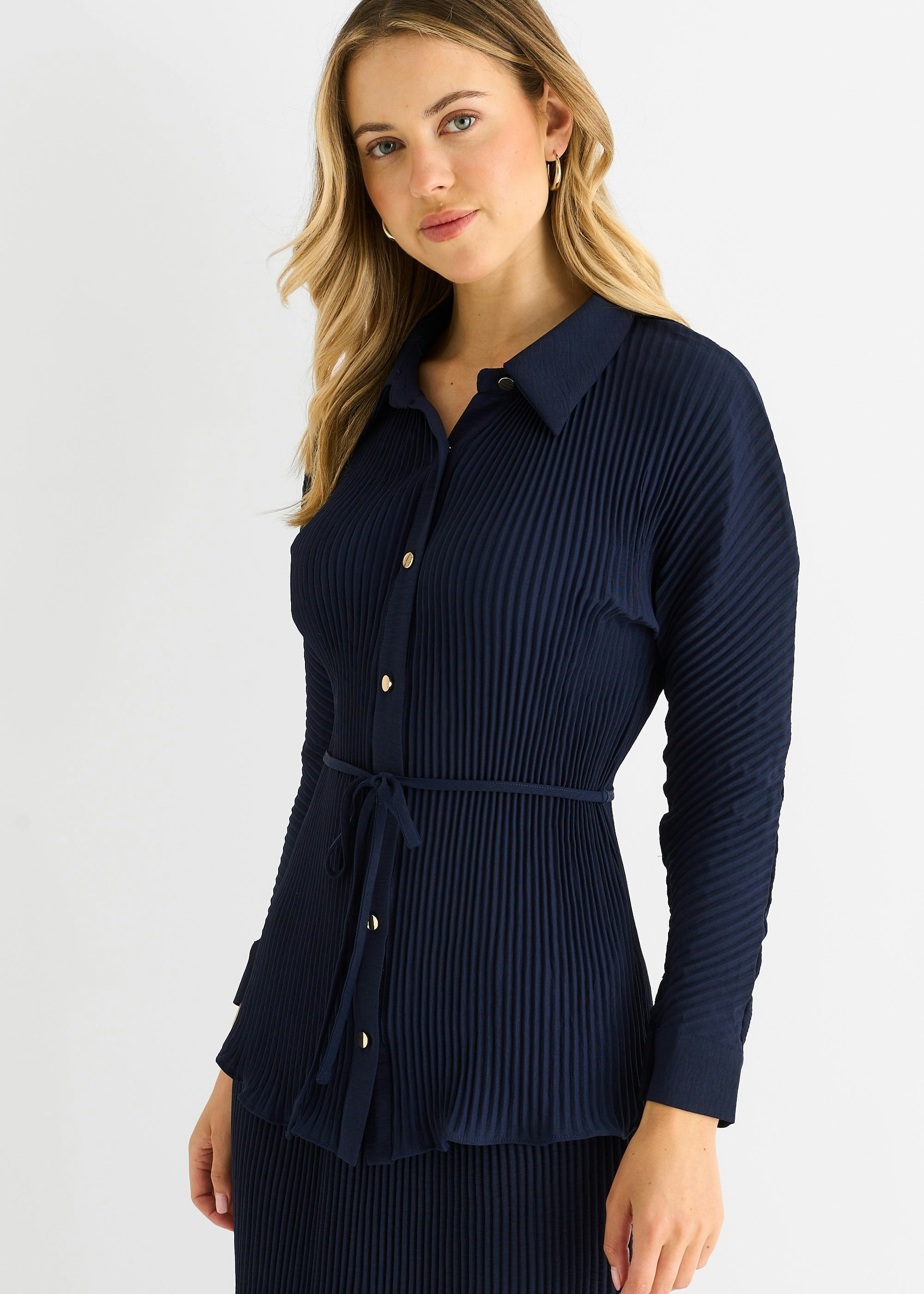 Gini London Navy Plisse Button Through Shirt - Uk 6 / Us 2 / Eu 34