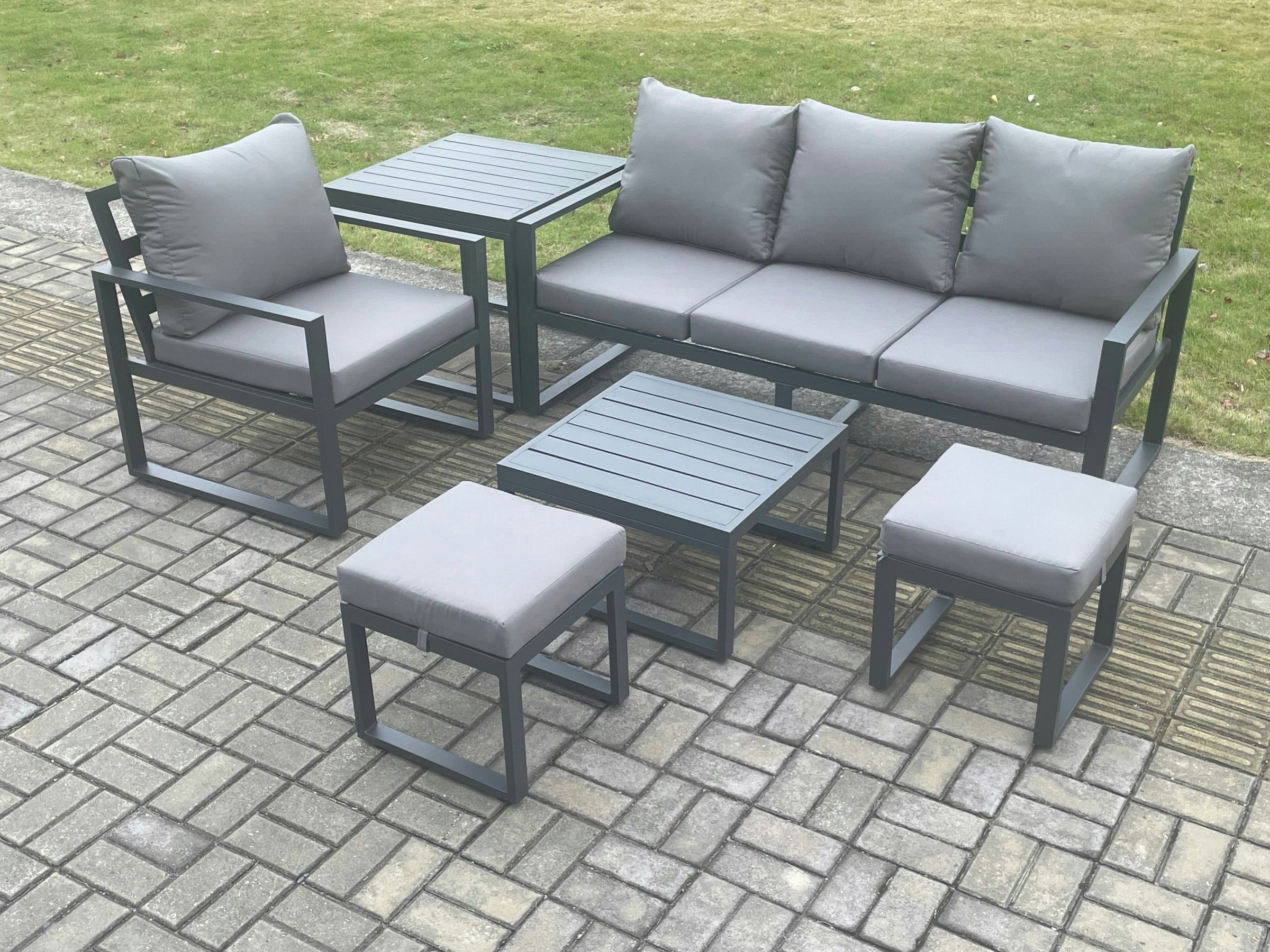 Fimous Dark/Grey Aluminium Outdoor Garden Furniture Set Sofa Chair Set With Square Coffee Table Side Table 2 Small Footstools