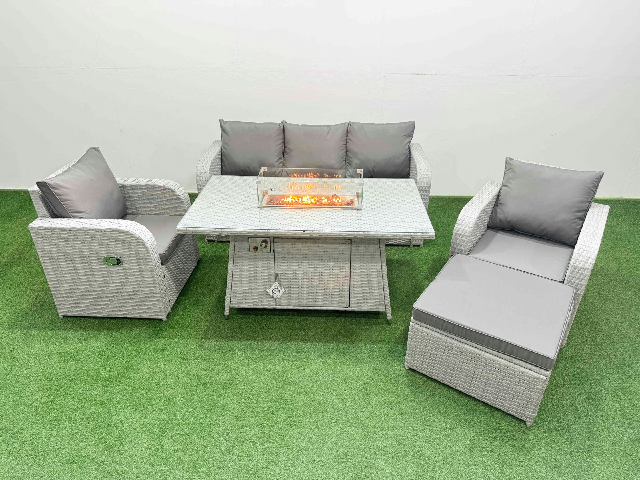 Rackhams Light/Grey Pe Rattan Garden Furniture Set Reclining Chair Sofa Lounge Sofa Set Fire Pit Dining Table Big Footstool