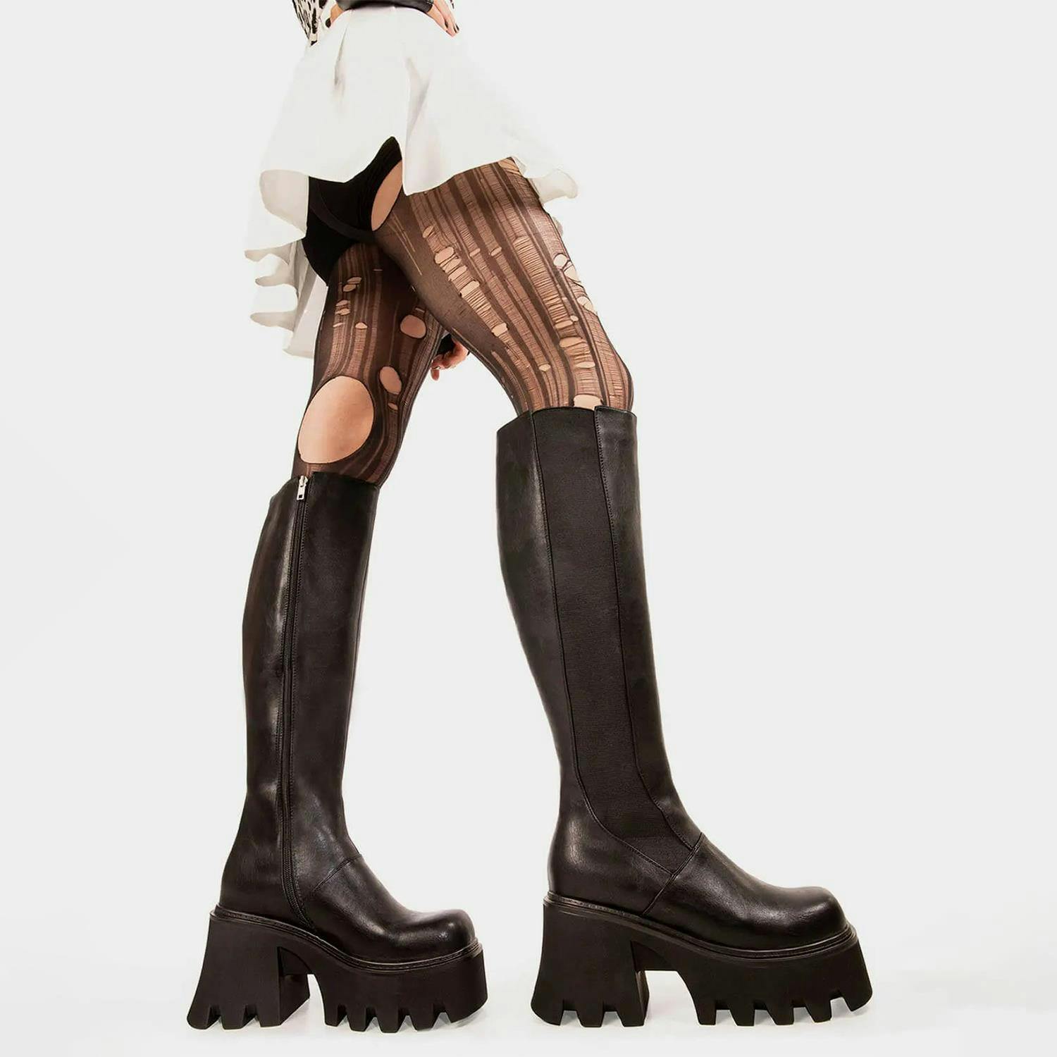 Lamoda Black For You Pu Chunky Platform Knee High Boots Gothic Festival - Uk3