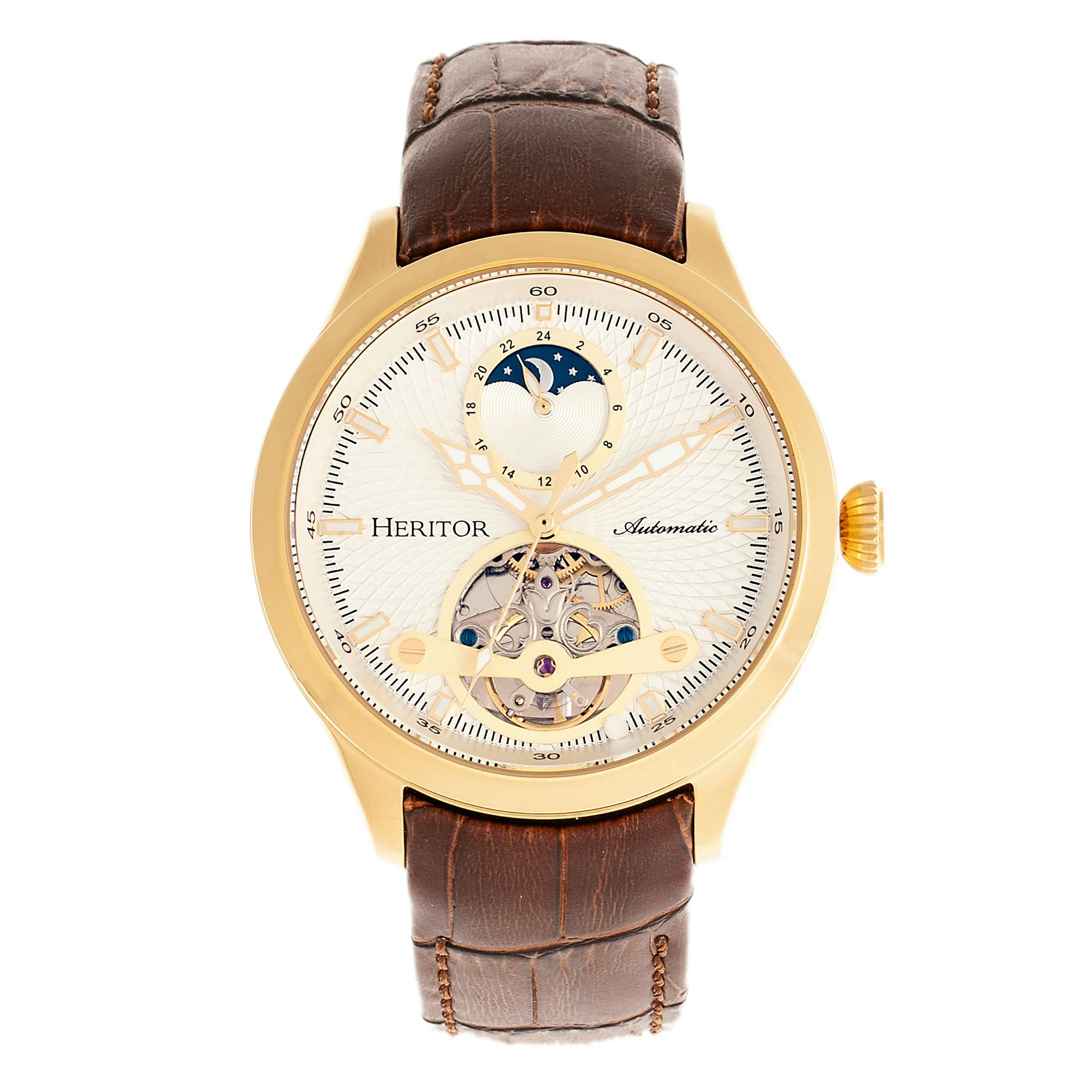 Heritor Automatic Gold/Brown Gregory Semi-Skeleton Leather-Band Watch