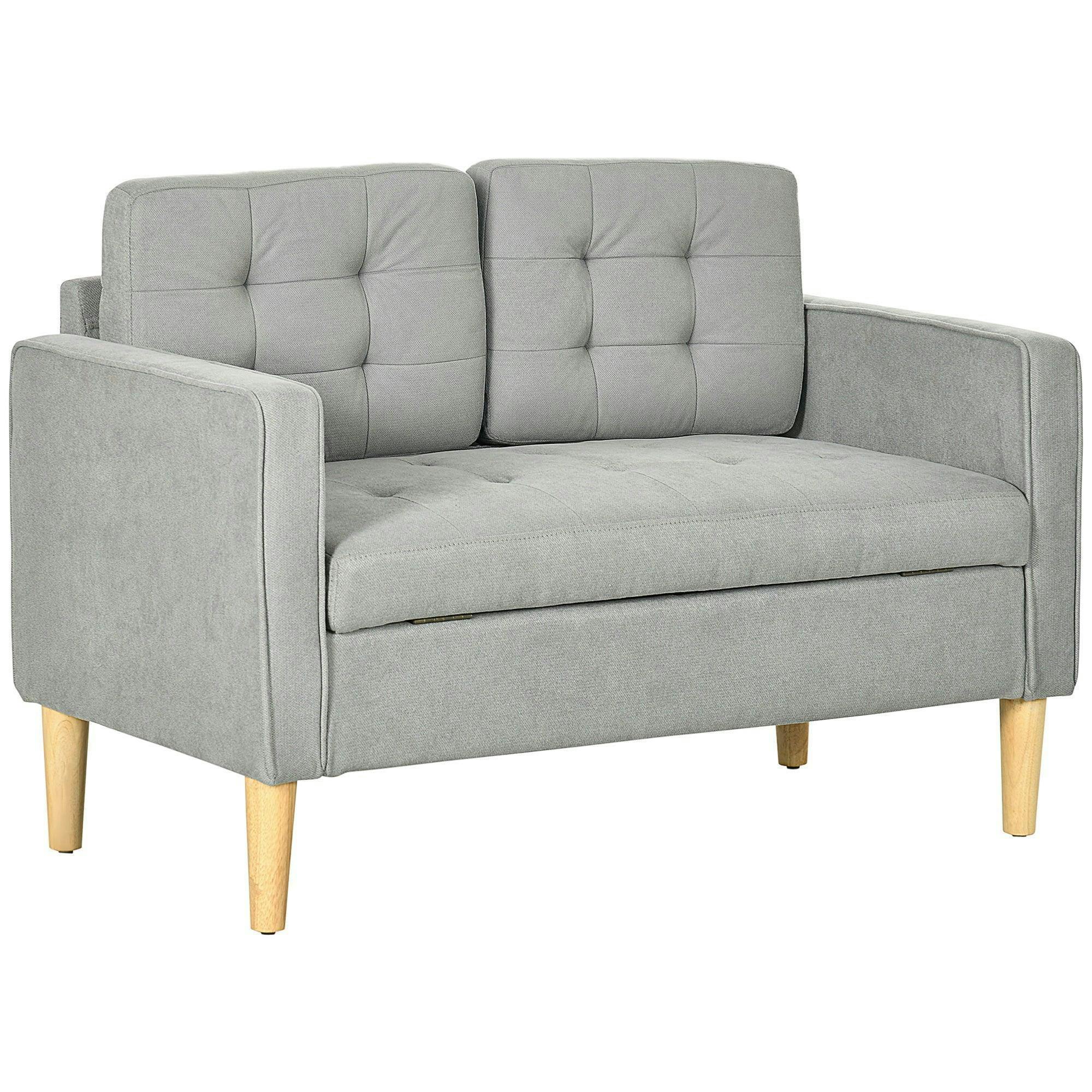 Rackhams Light/Grey Modern 2 Seater Sofa With Hidden Storage, 117Cm Tufted Cotton Couch With Wood Legs, Compact Loveseat For Living Room, Kitchen,