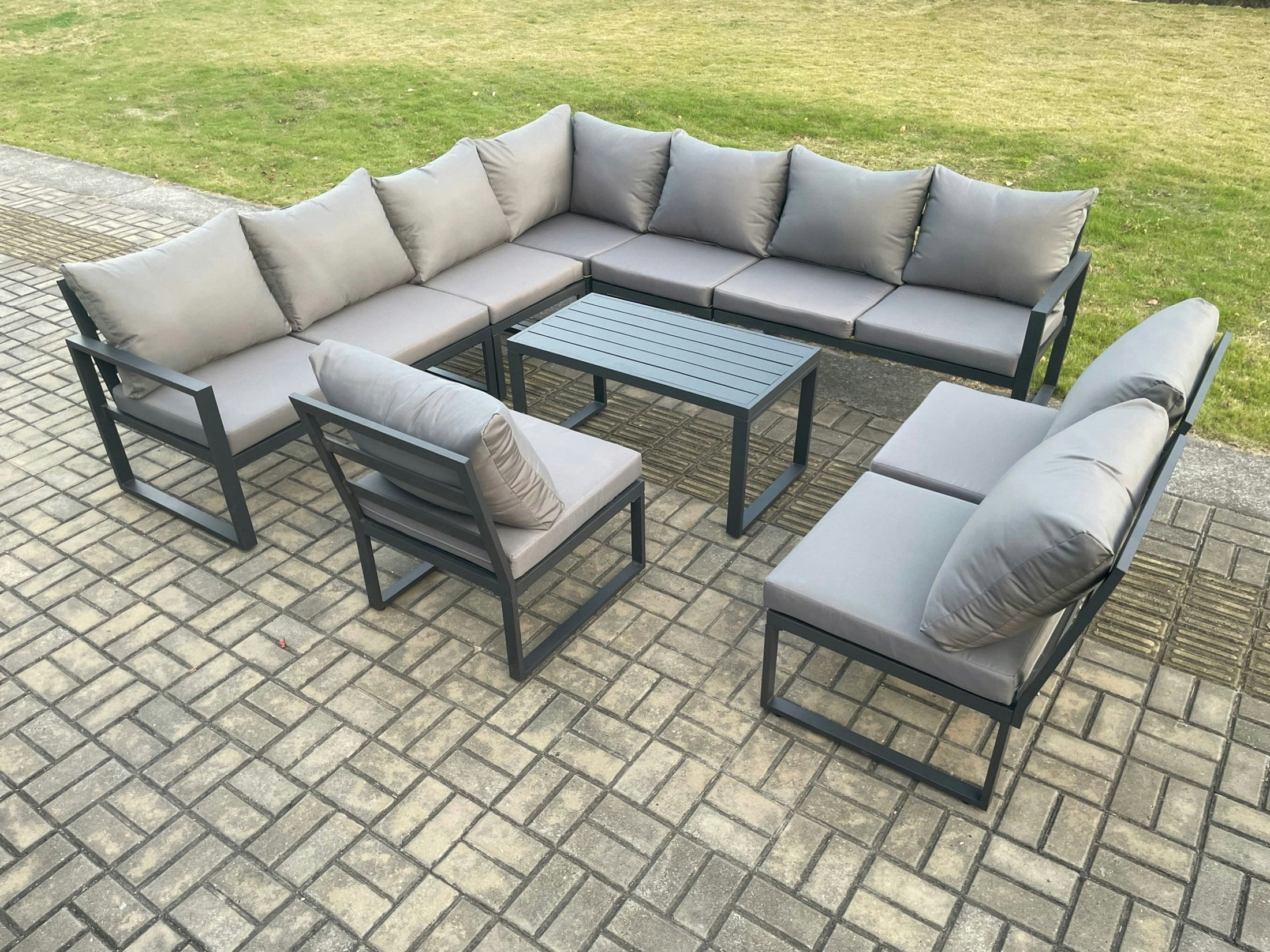 Fimous Dark/Grey Aluminium 10 Seater Patio Outdoor Garden Furniture Lounge Corner Sofa Set With Oblong Coffee Table