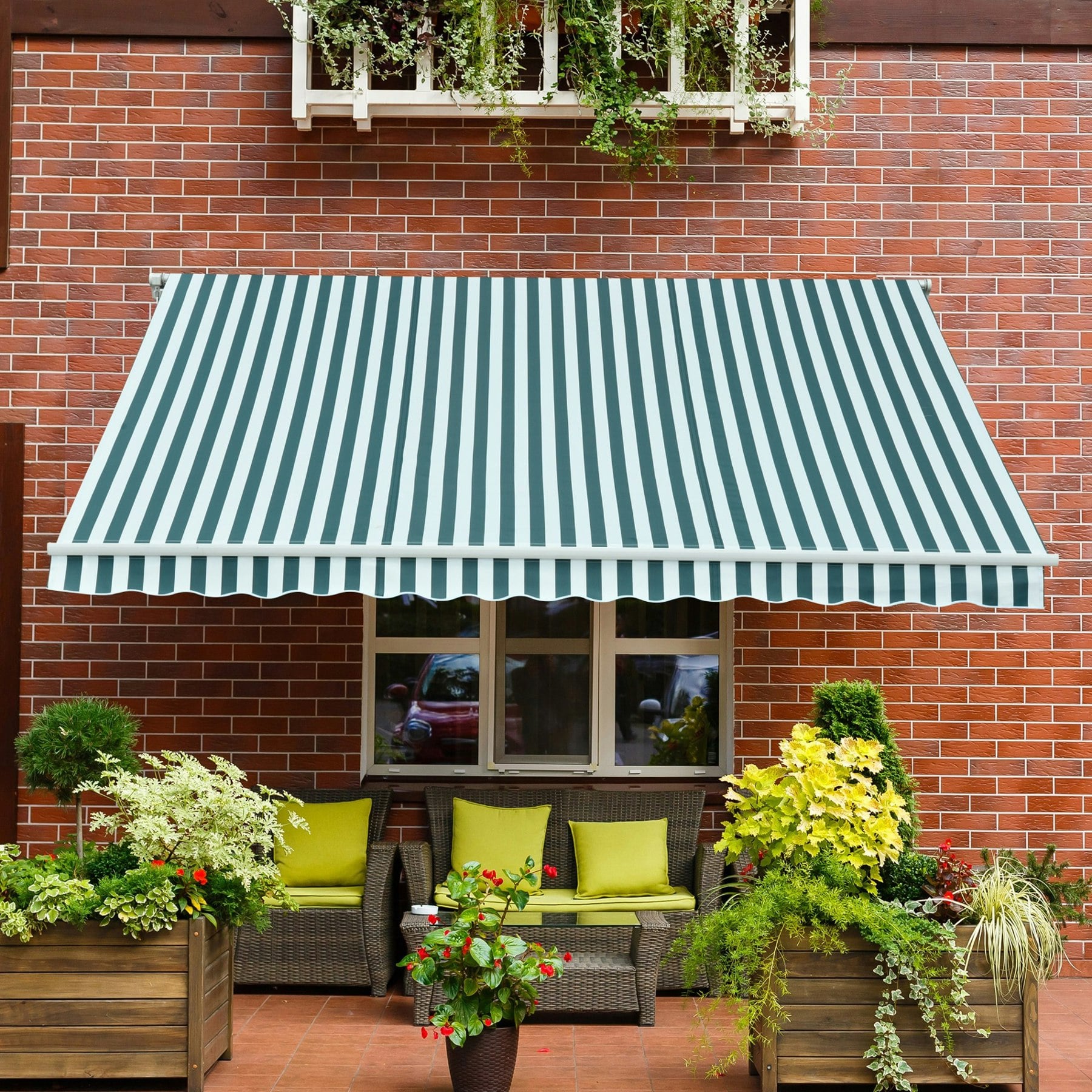Outsunny Green/White Garden Sun Shade Canopy Retractable Awning, 3 X 2.5M, And