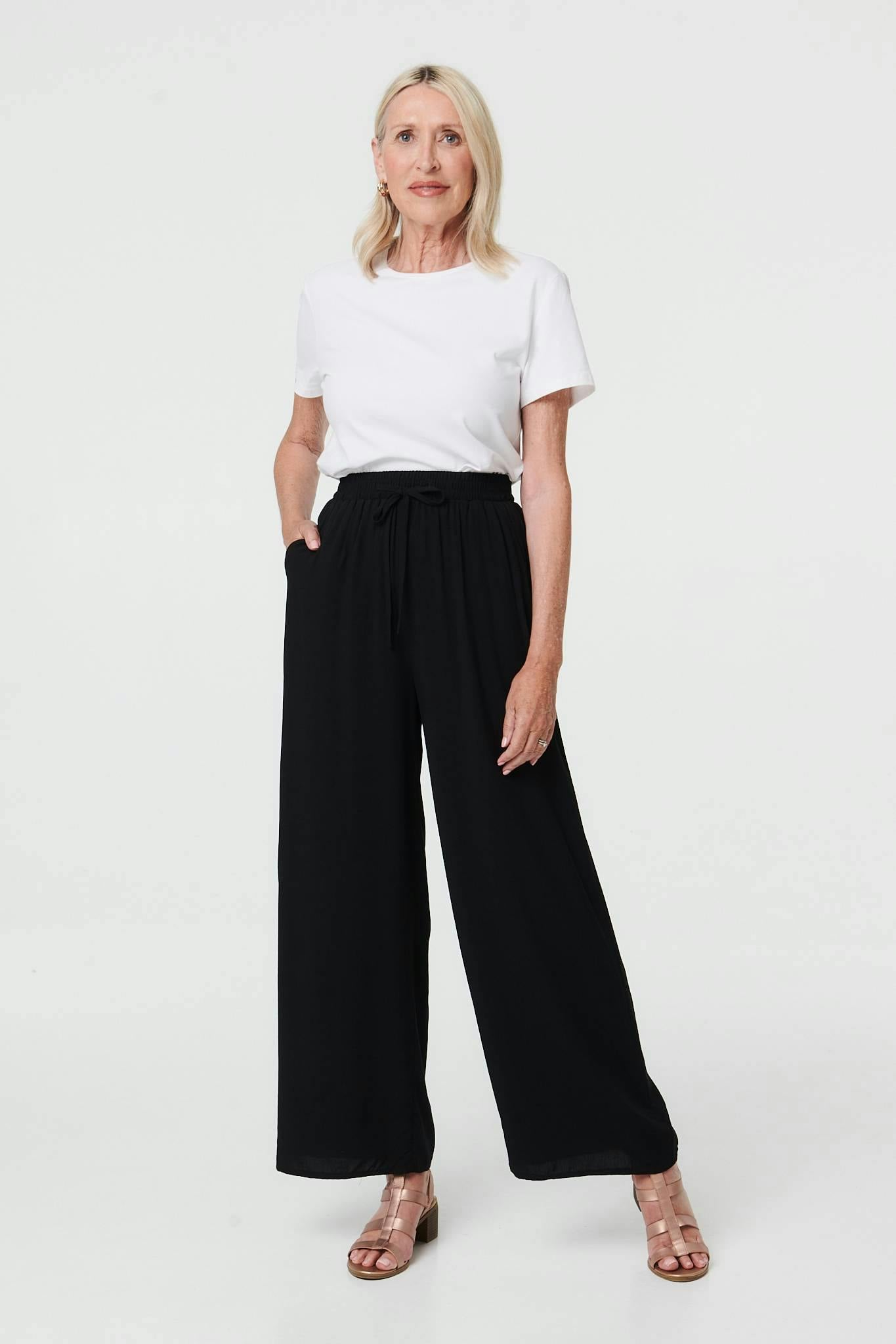 Izabel London Black Drawstring High Waist Wide Leg Trousers - 10