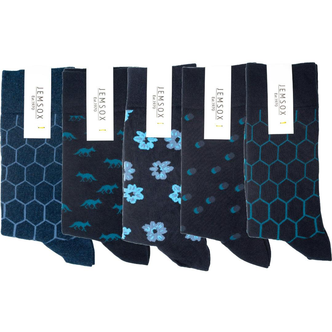 Jemsox Men's Blue ’S 5-Pack Premium Socks Multipack - Crew Socks For Everyday, Dress & Athletic Use - Multi Design