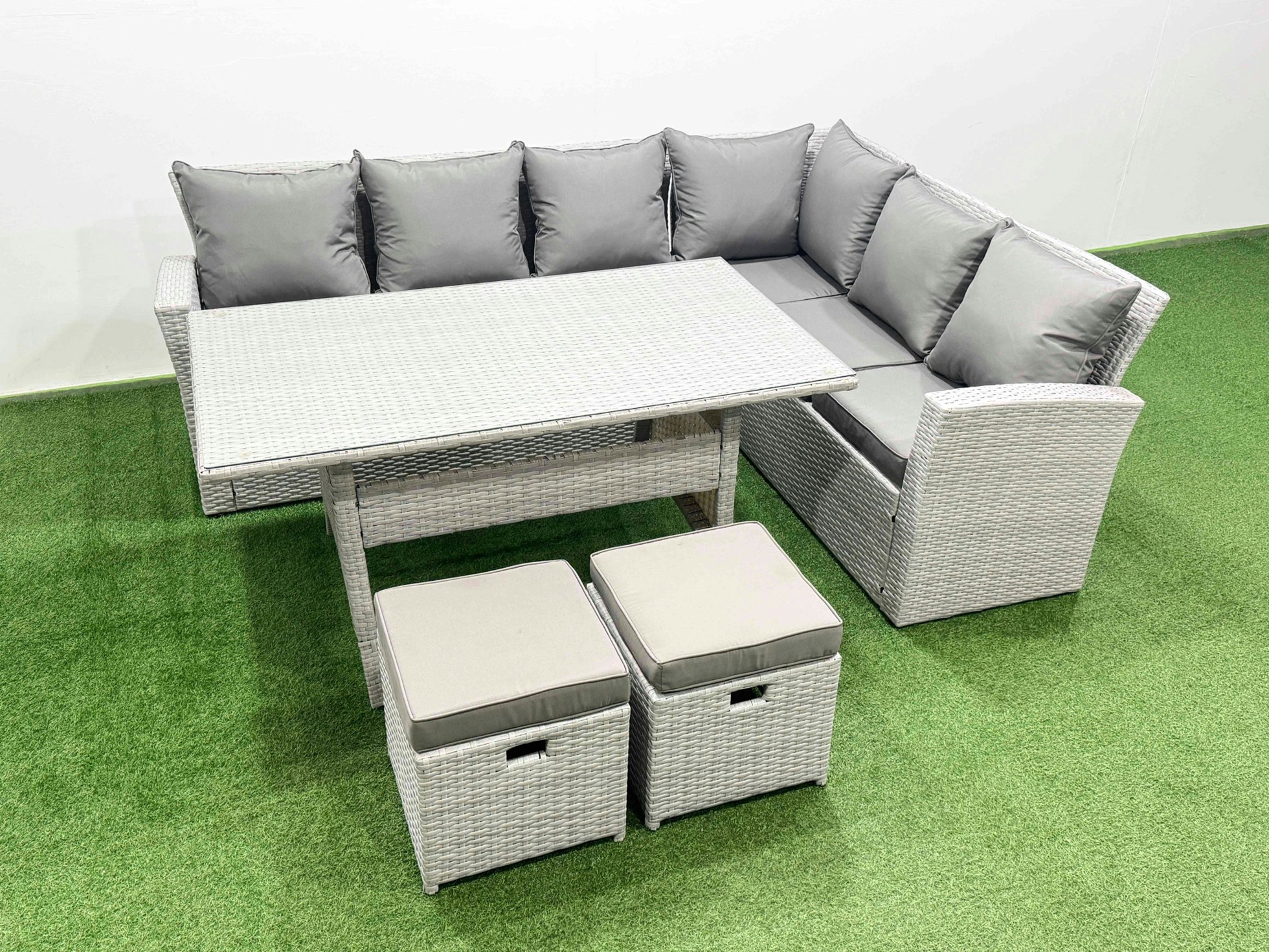 Fimous Light/Grey Rattan Garden Furniture Set Outdoor 8 Seater Patio Dining Corner Sofa Sets With Dining Table 2 Small Footstools Mixed