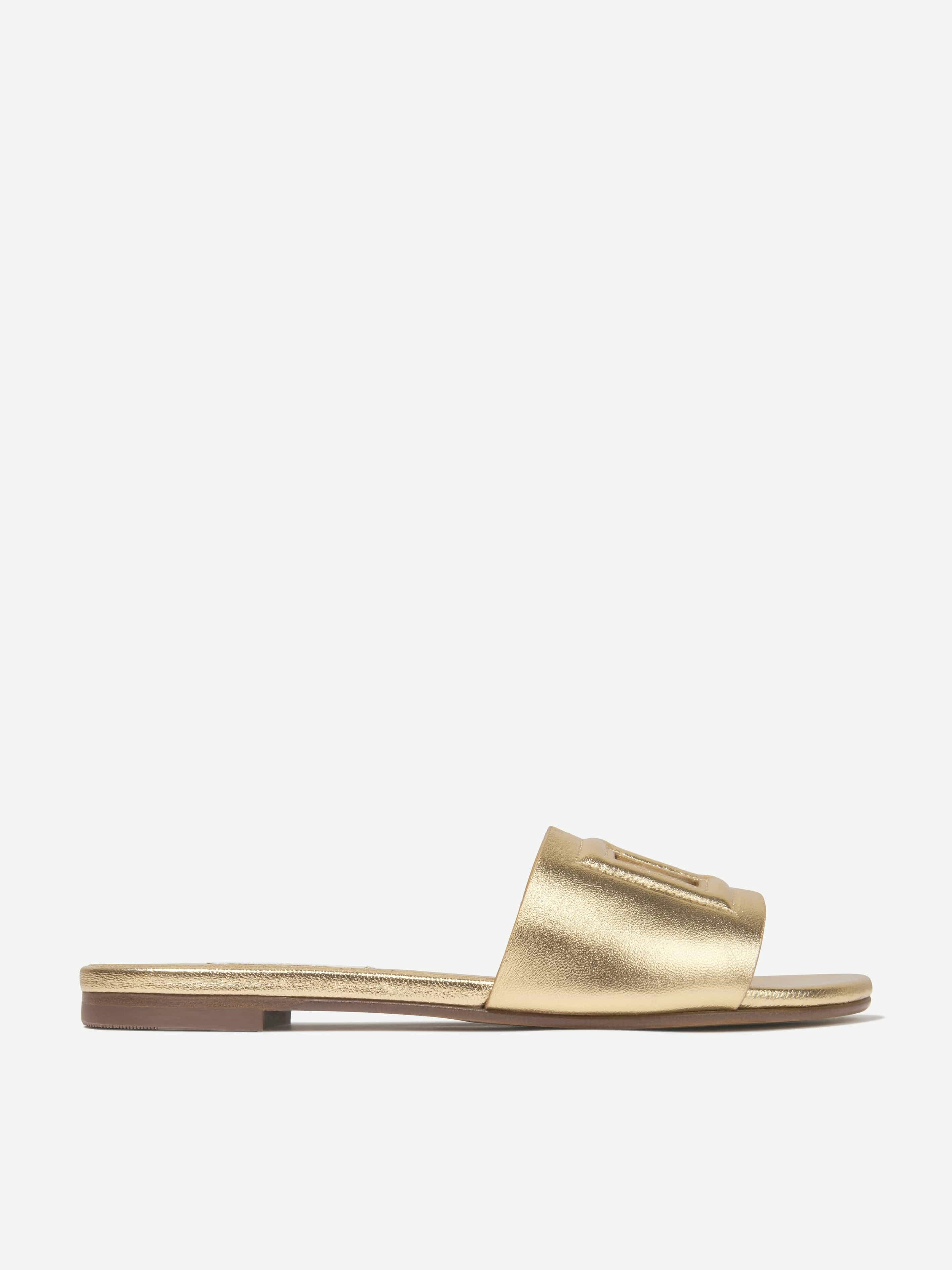 Dolce & Gabbana Kids Girls Gold Dolce & Gabbana Leather Logo Slider Sandals In - Eu 30 - Uk 12
