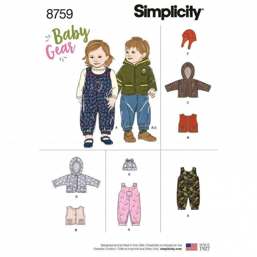 Simplicity Sewing Pattern 8759, Dungarees, Jackets, Waistcoats, Headwear For Baby, A (Xxs-Xs-S-M-L) - Intermediate - A (Xxs-Xs-S-M-L)