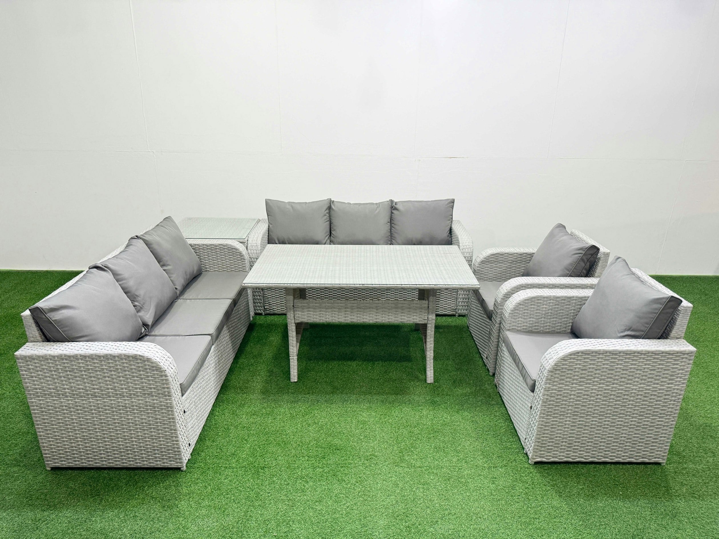 Fimous Light/Grey Pe Rattan High Back Lounge Sofa Set Patio Rectangular Dining Table & Chairs Set With 3 Seater Sofa Reclining Chair Side Table