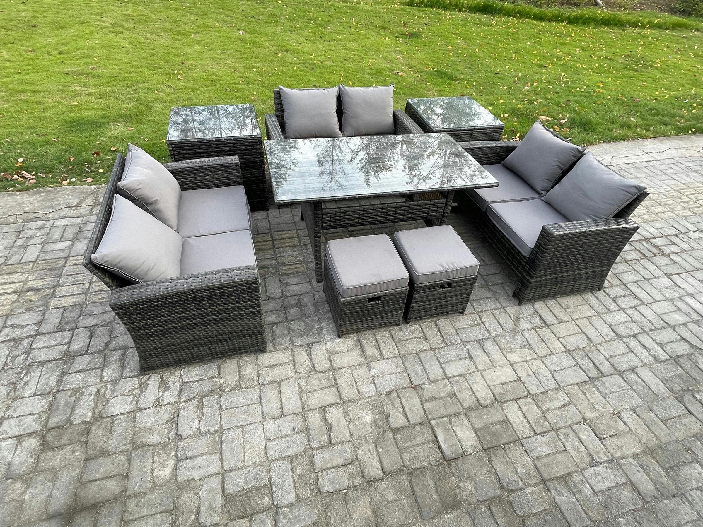Fimous Dark/Grey 8 Seater Pe Rattan Garden Set, Outdoor Lounge Sofa, Oblong Dining Table, Double Seat Sofa, 2 Small Footstools & 2 Side Tables, Mixed
