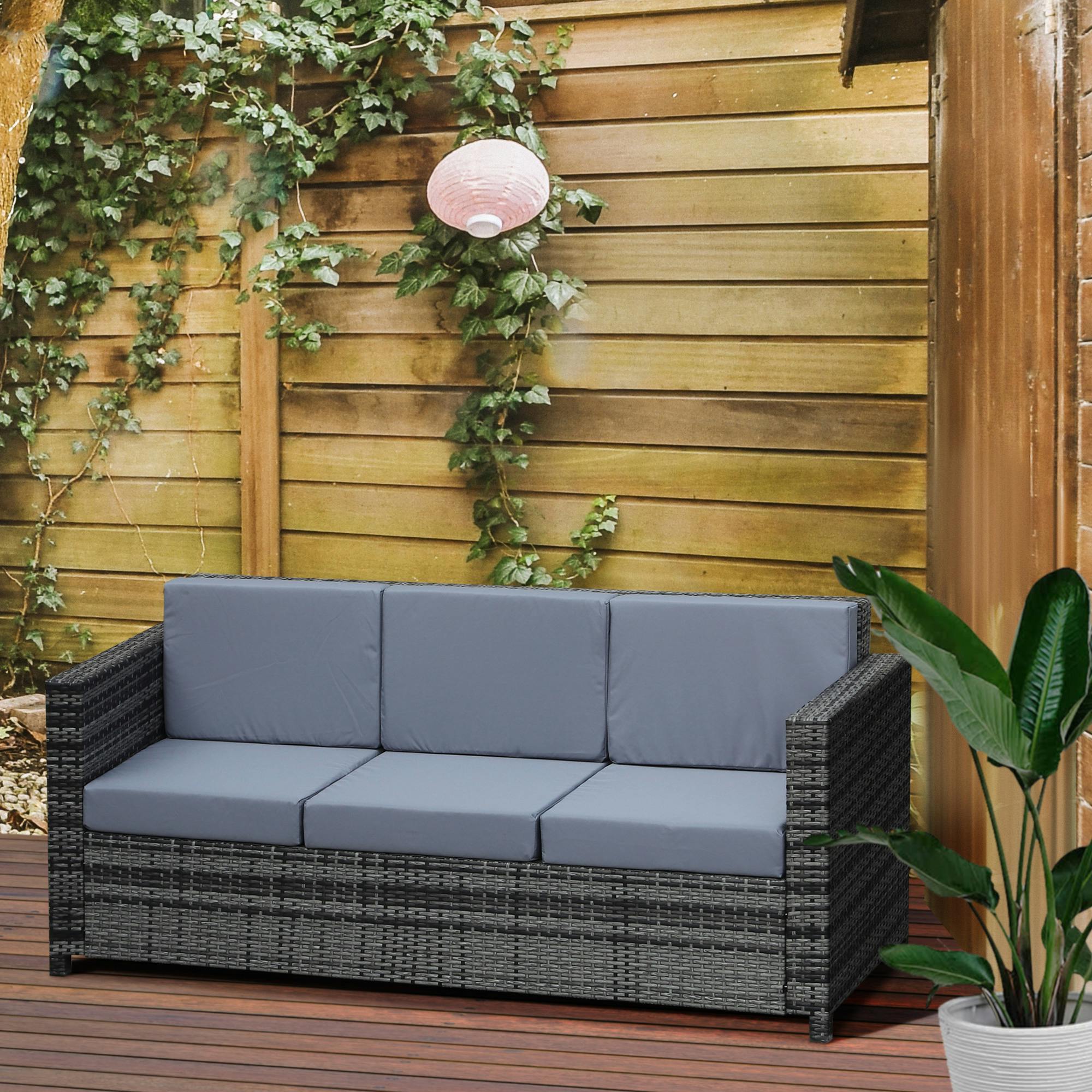 Rackhams Grey Rattan 3-Seater Sofa Patio Furniture W/ Cushion