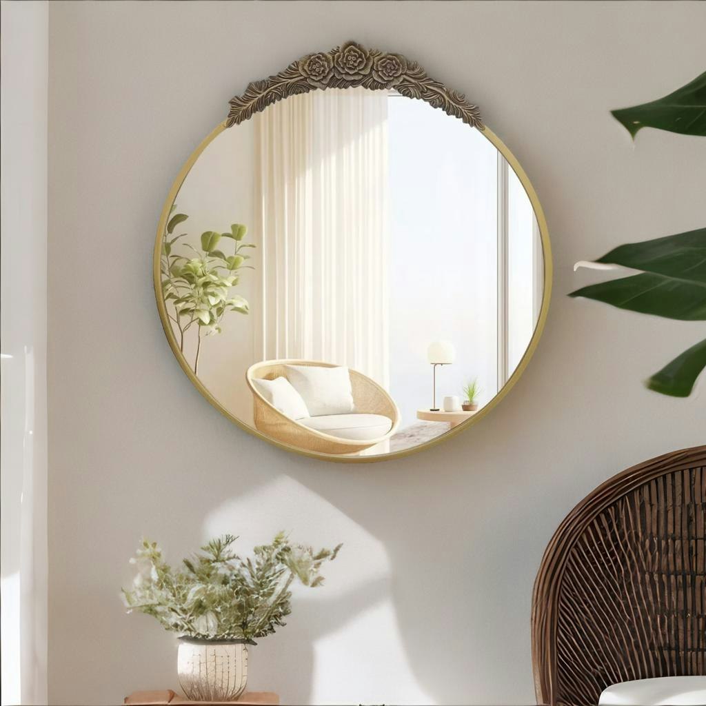 Rafaelo Mobilia Gold Round Wall Mirror With Floral Pattern