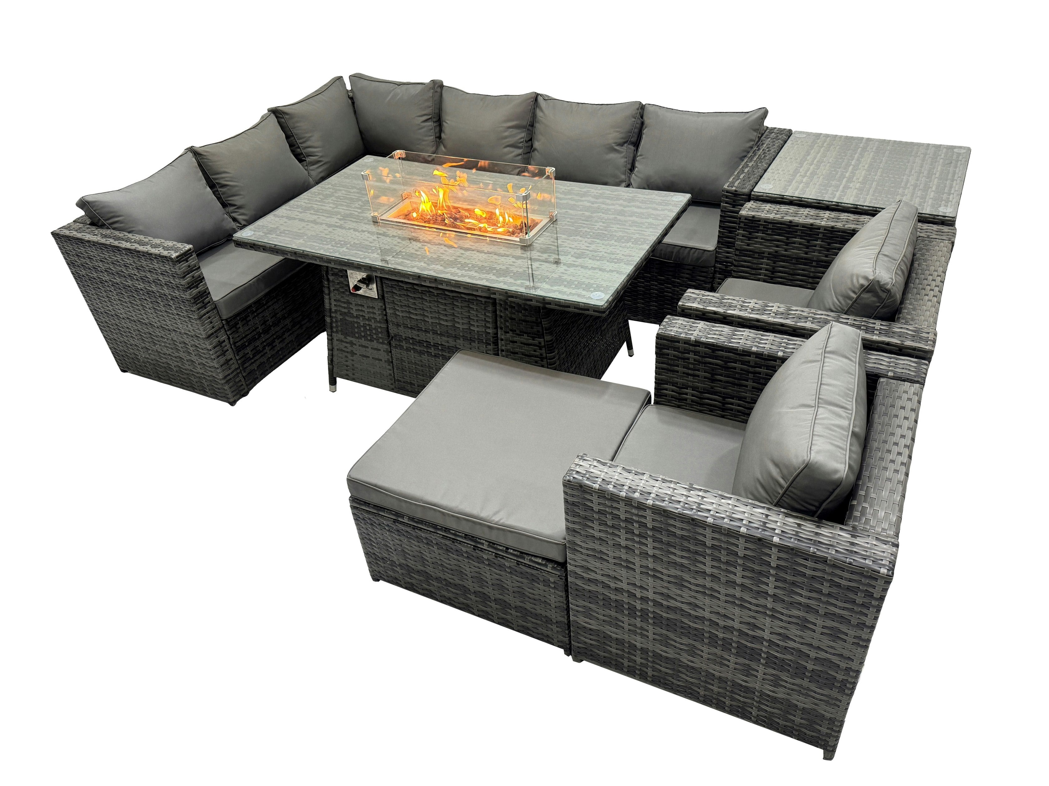 Fimous Dark/Grey Rattan Garden Furniture Dining Set 9 Seater Gas Fire Pit Dining Table Corner Sofa Set With Big Stool Side Table Mixed