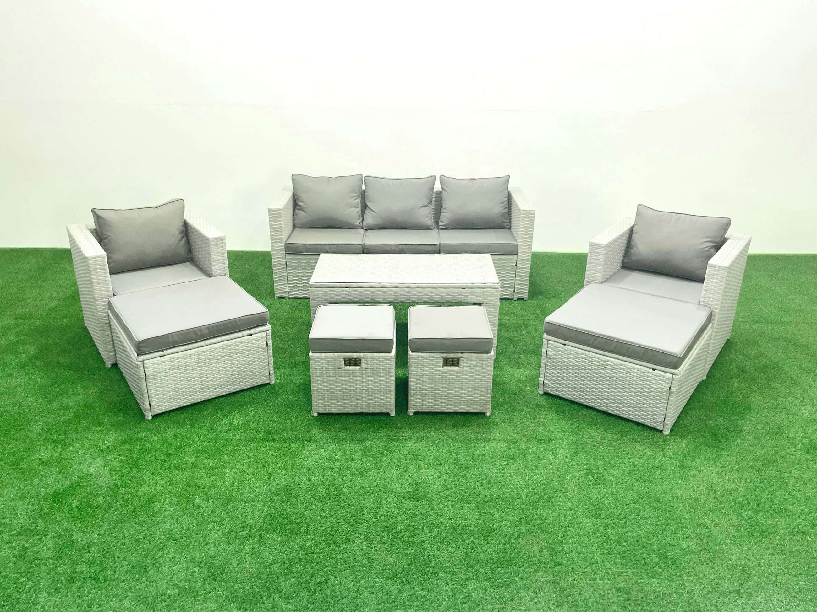 Rackhams Light/Grey Rattan Garden Furniture Set Outdoor Lounger Sofa With Coffee Table 4 Footstools Mixed 9 Seater