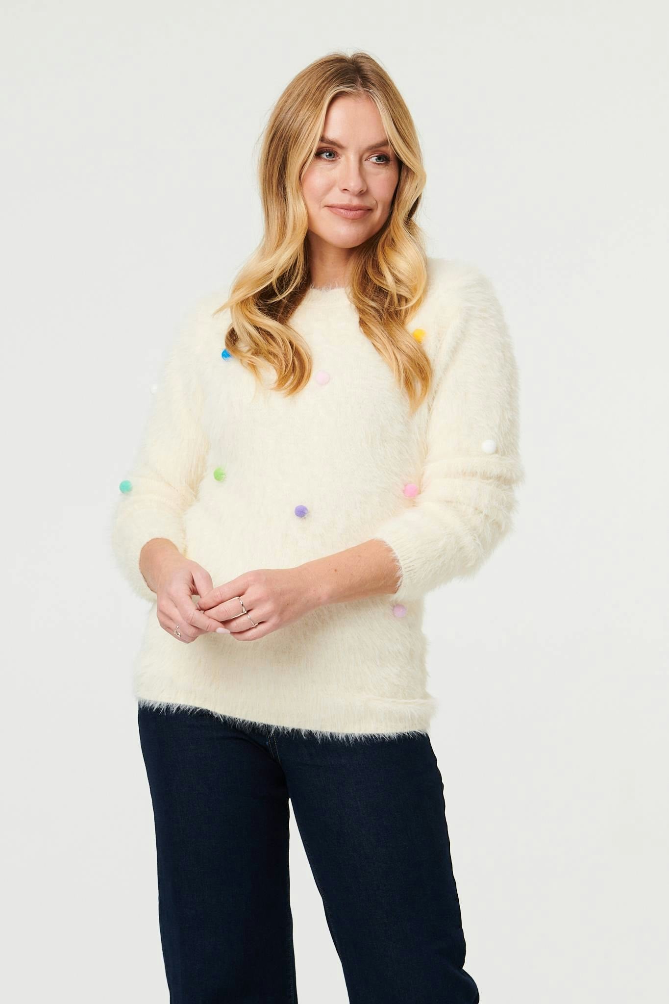 Izabel London Beige Soft Texture Polka Dot Detail Jumper - L