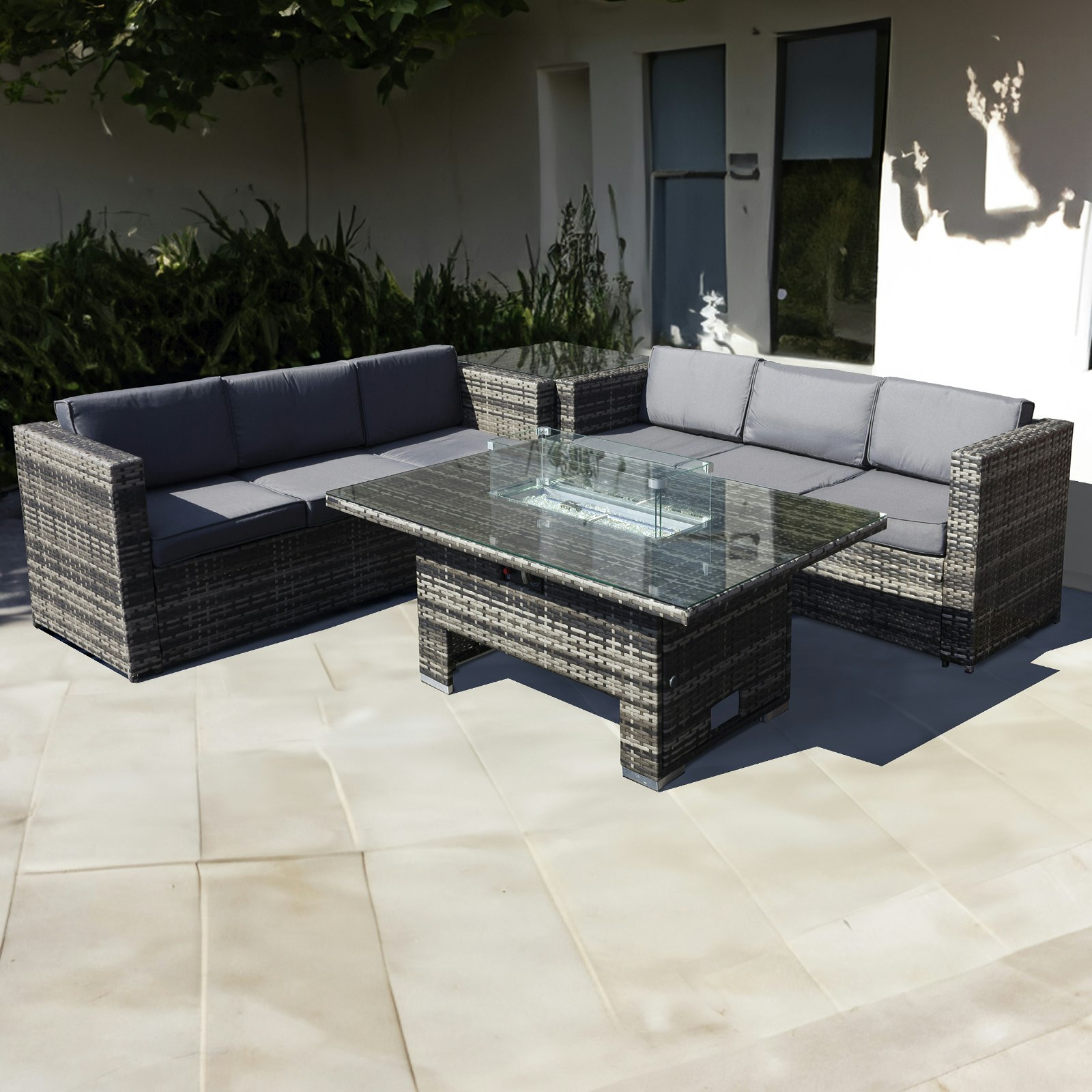 Rackhams Grey Malta Rattan 6 Seat Rising Firepit Corner Set In Walnut - Walnut - Pe Rattan - 1