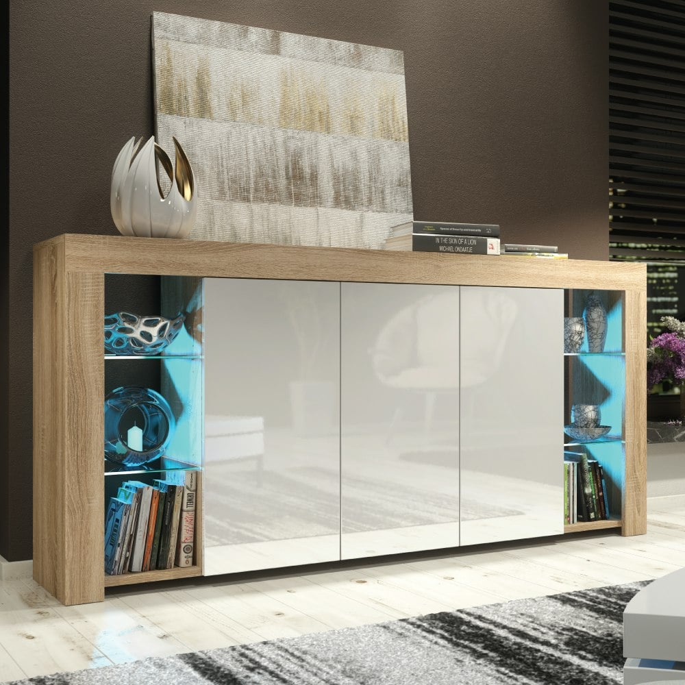 Mex Furniture White Exclusive 164Cm Modern Sideboard Tv Unit Display Cabinet Cupboard High Gloss Doors - 164 Cm - Oak Matt Body & Gloss Doors - 1