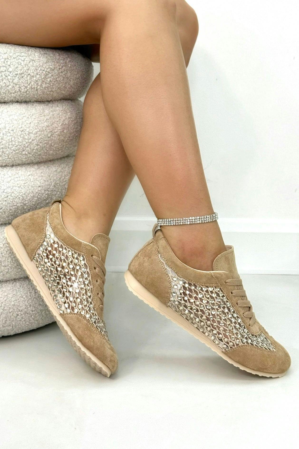 Love Lemonade Women's Crystal Contour Sparkly Panel Trainers Mocha - Uk 7 - Eu 40 - Us 9