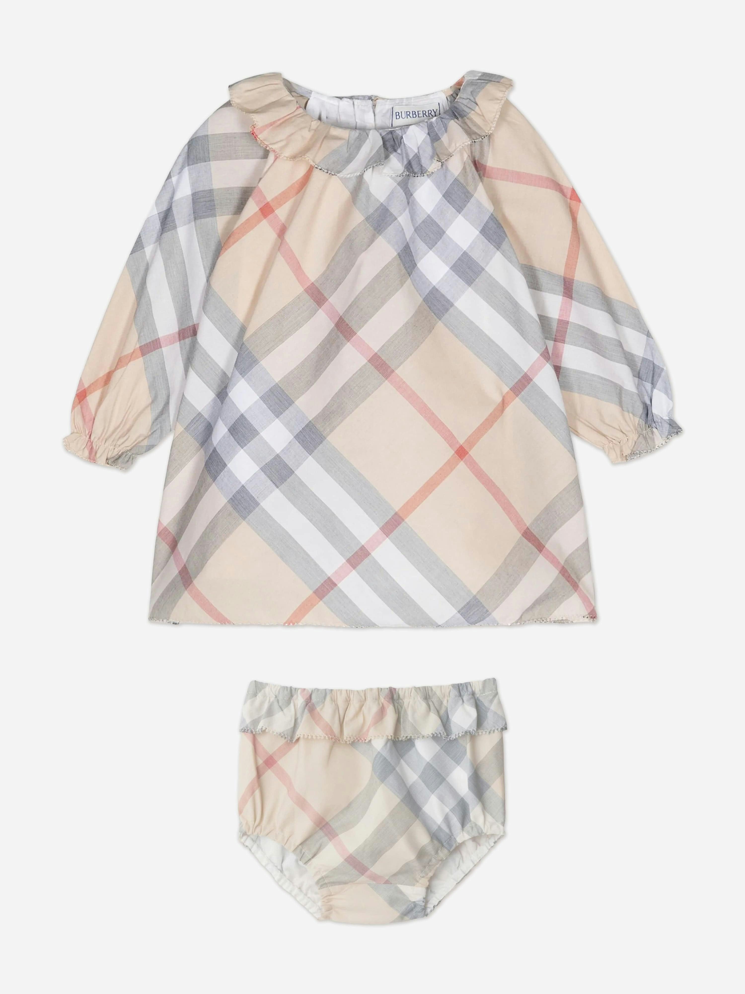Burberry Kids Girls Beige Burberry Baby Emmeline Check Dress Set In - 18 Mths
