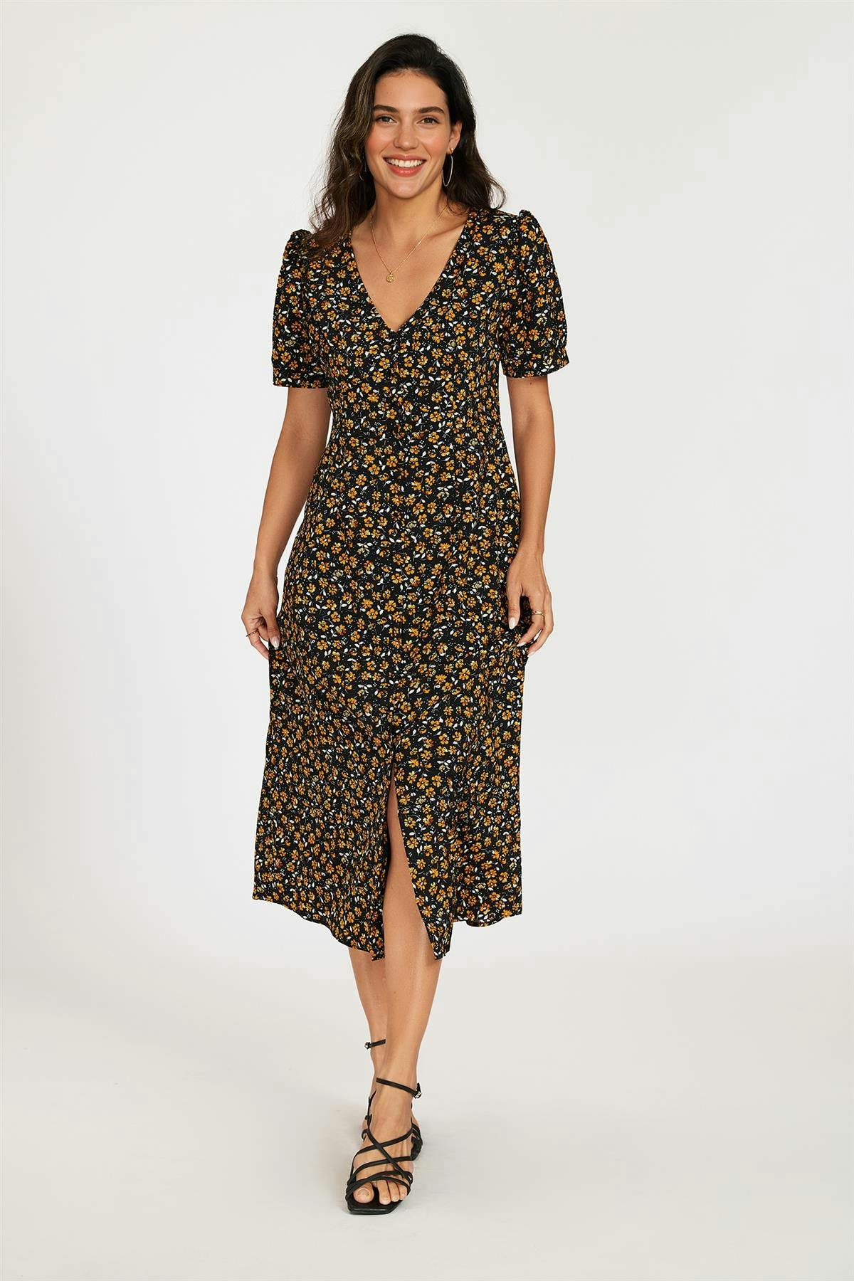 Fs Collection Black Floral Print Button Front Puff Sleeve Midi Dress In - Xl