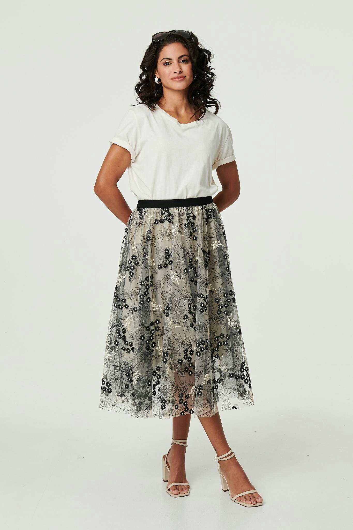 Izabel London Beige Printed A-Line Midi Skirt - S