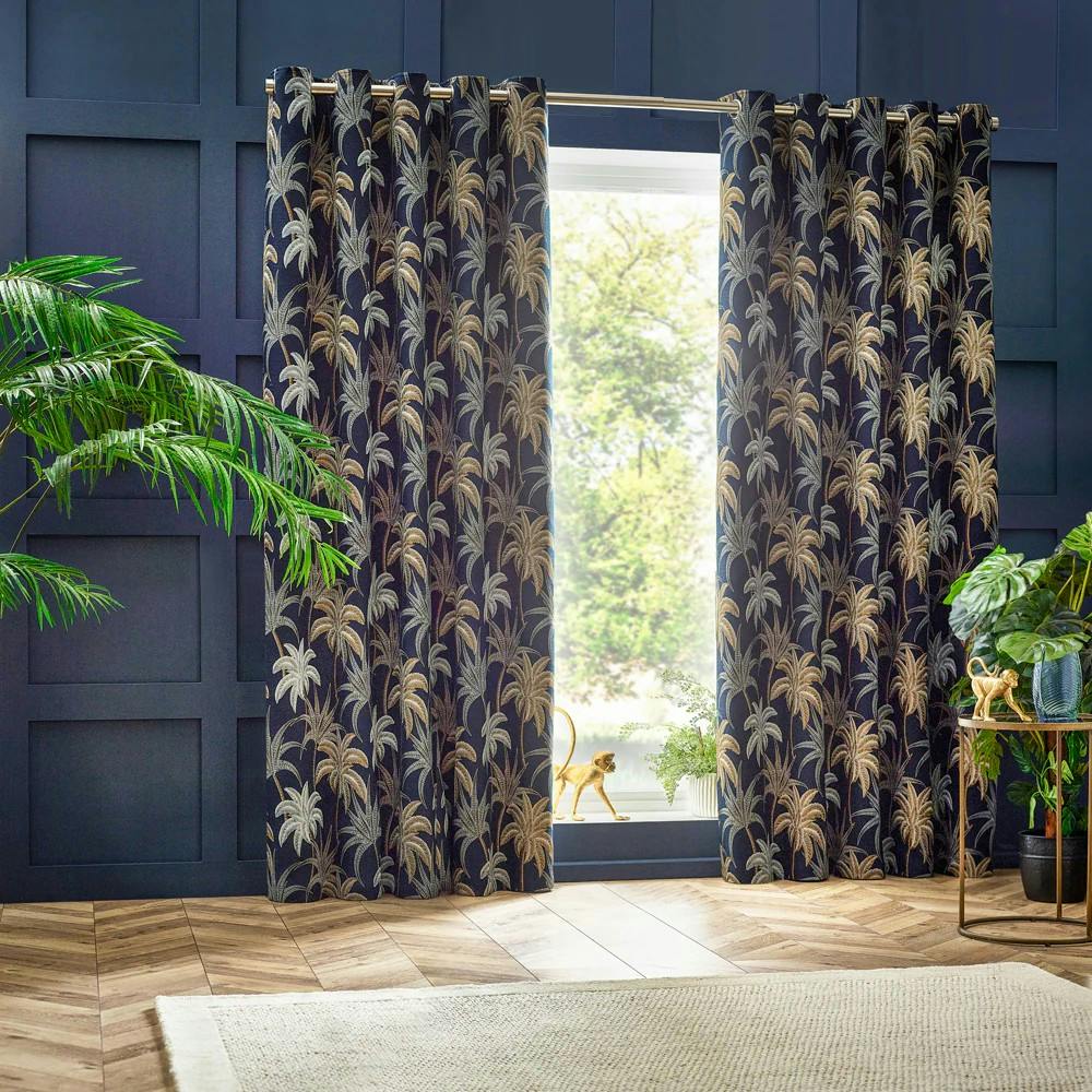 Wylder Galapagos Jacquard Eyelet Curtains - Navy - 117Cm X 137Cm - Navy - 100% Polyester