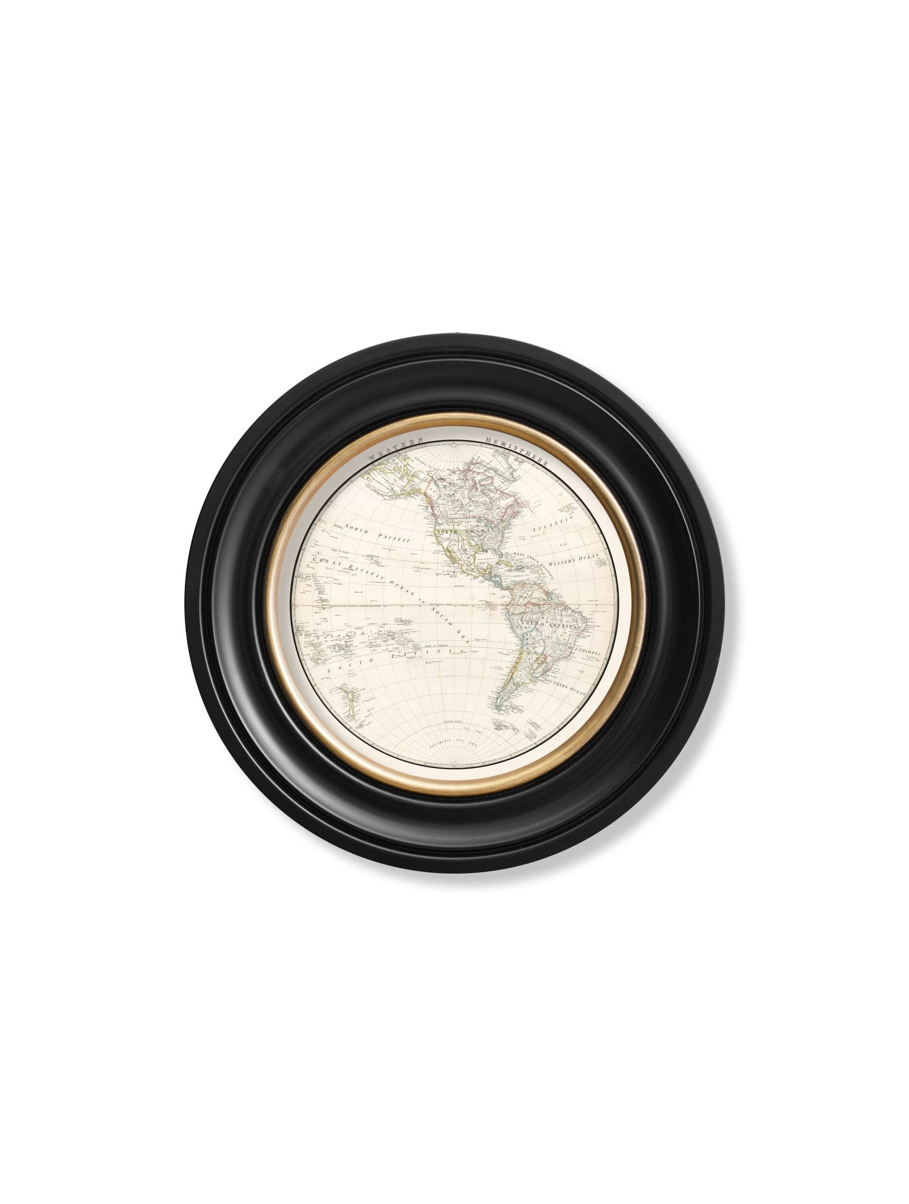 Rackhams Black C.1838 World Map Hemispheres In Round Frames - 44 X44cm - Western Hemisphere