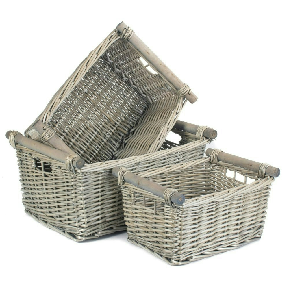 Red Hamper Red/Grey Hamper Wash Wooden Handled Wicker Storage Basket - Antique Wash - Wicker - Size 3