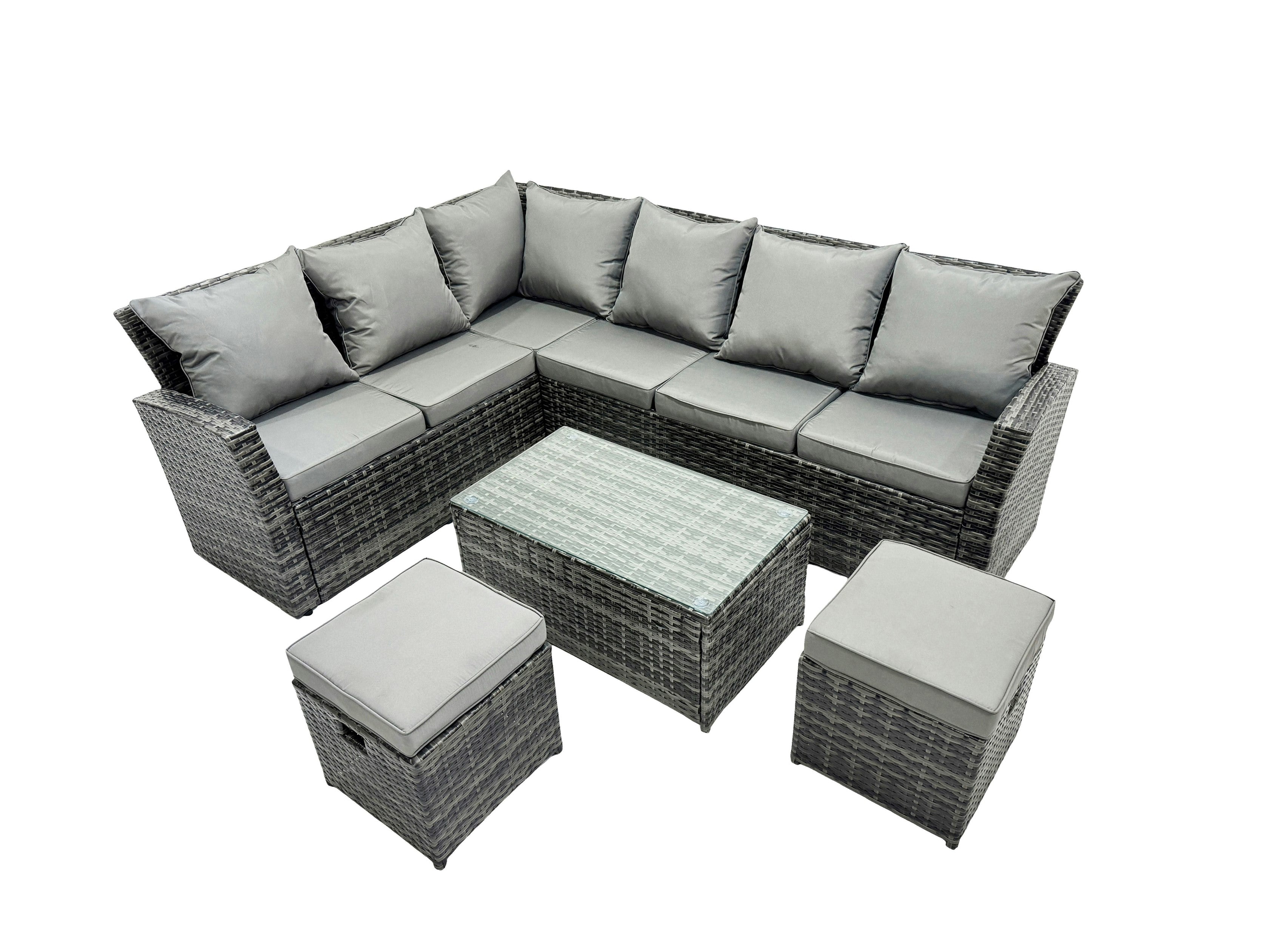 Fimous Dark/Grey 8 Seater High Back Rattan Garden Furniture Set Corner Sofa With Oblong Coffee Table Footstool
