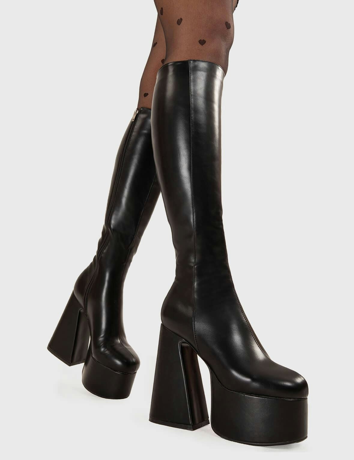 Lamoda Women's Black Hate You Platform Knee High Bootslmf 3355 - Pu - Uk 8