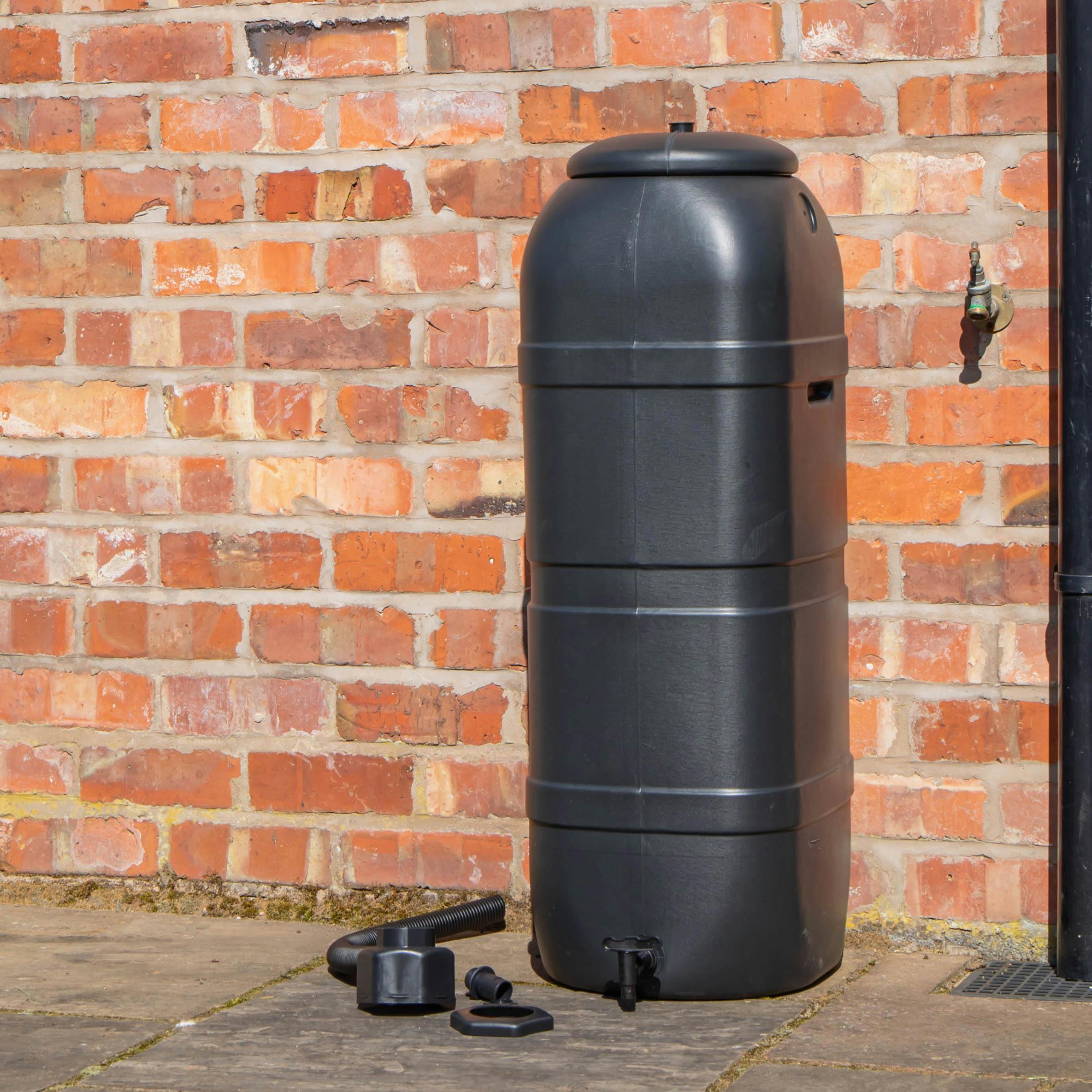 Rackhams Black Strata Slim Space Saver Water Butt 100L With Lid & Tap Carry Handles In