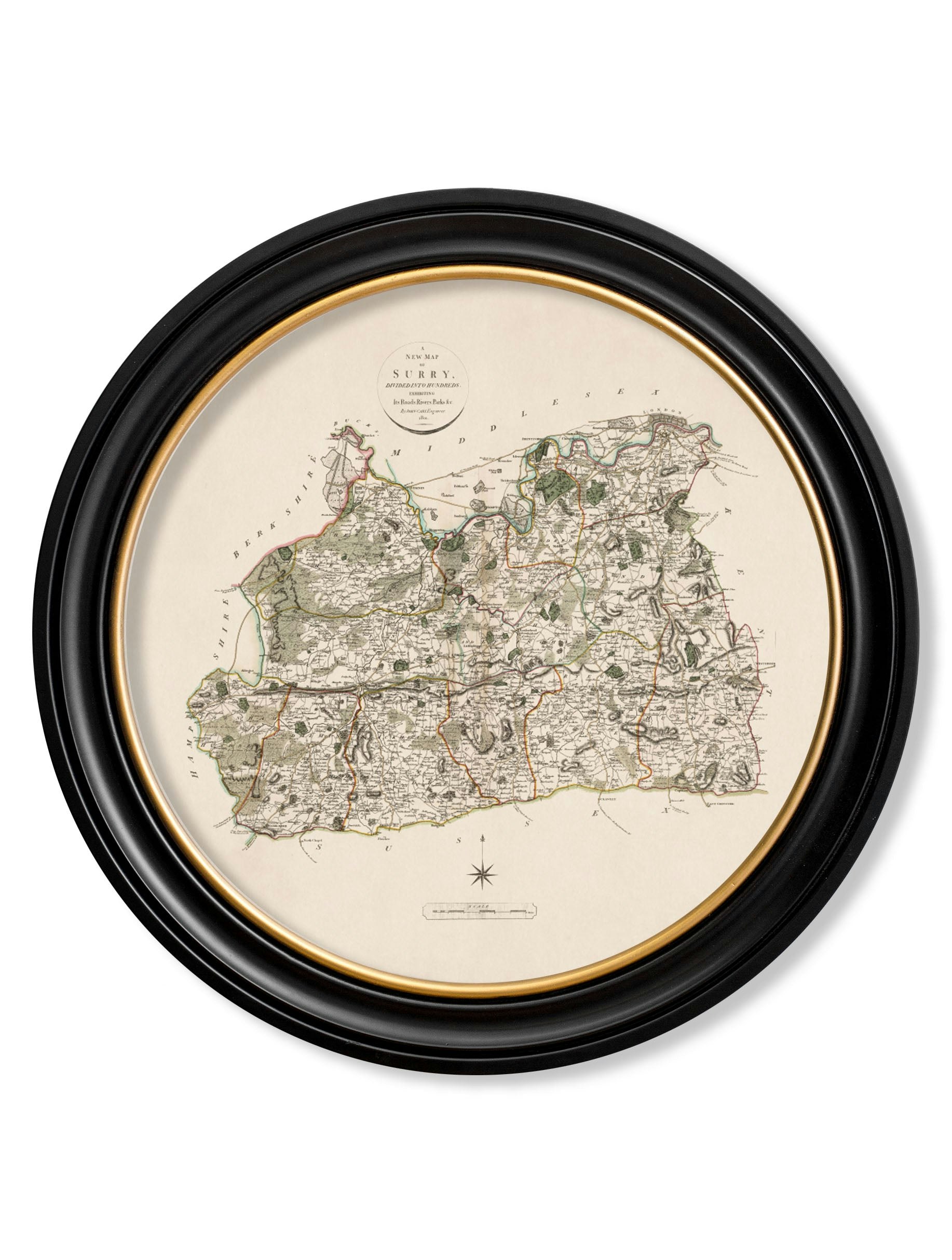 Rackhams Black C.1806 County Maps Of England - Round - 70 X 70Cm - Surrey