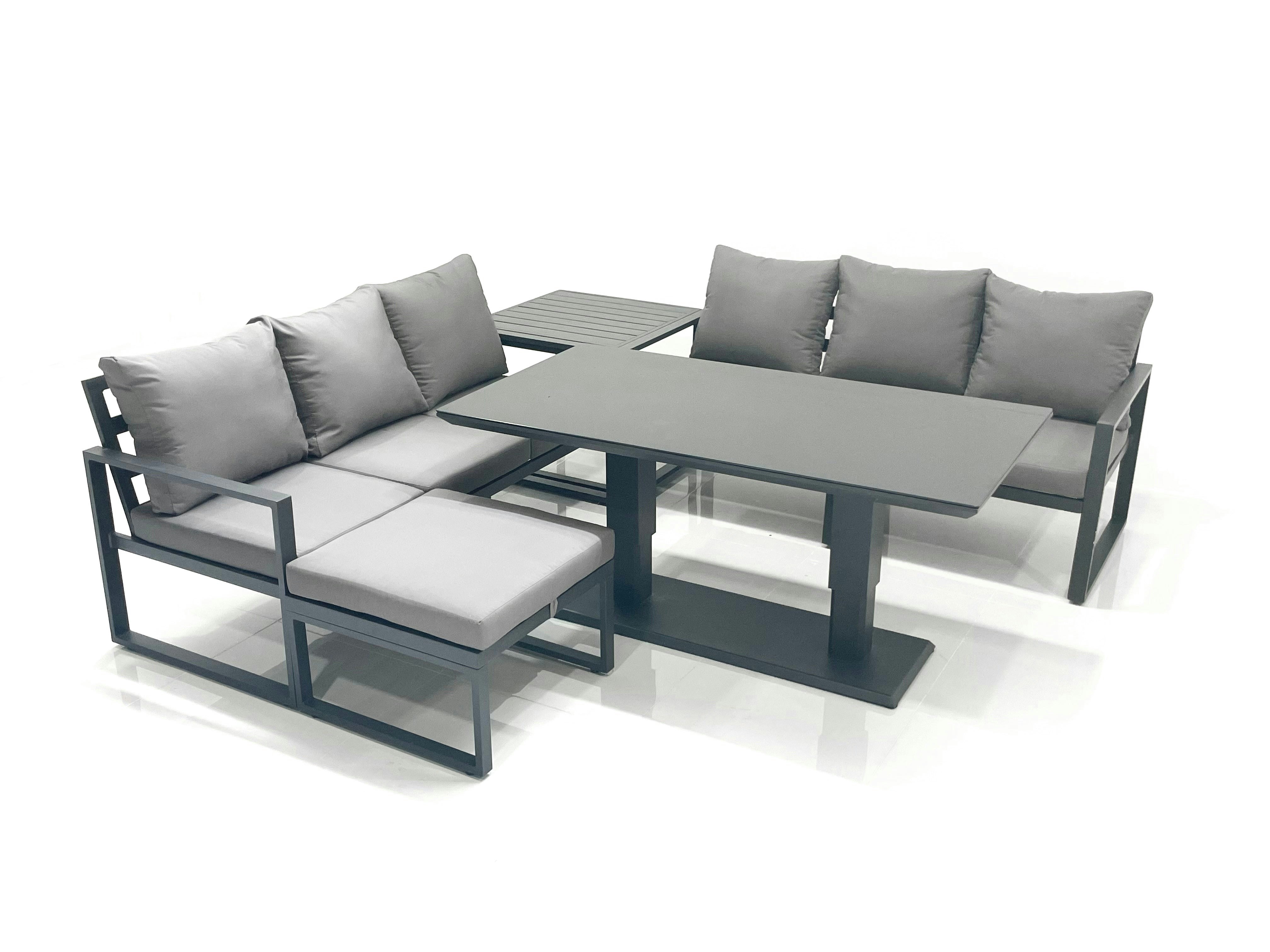 Rackhams Dark/Grey 7 Seater Aluminium Outdoor Garden Furniture Set With Adjustable Rising Lifting Dining Table 3 Seater Sofa Big Footstool Side Table