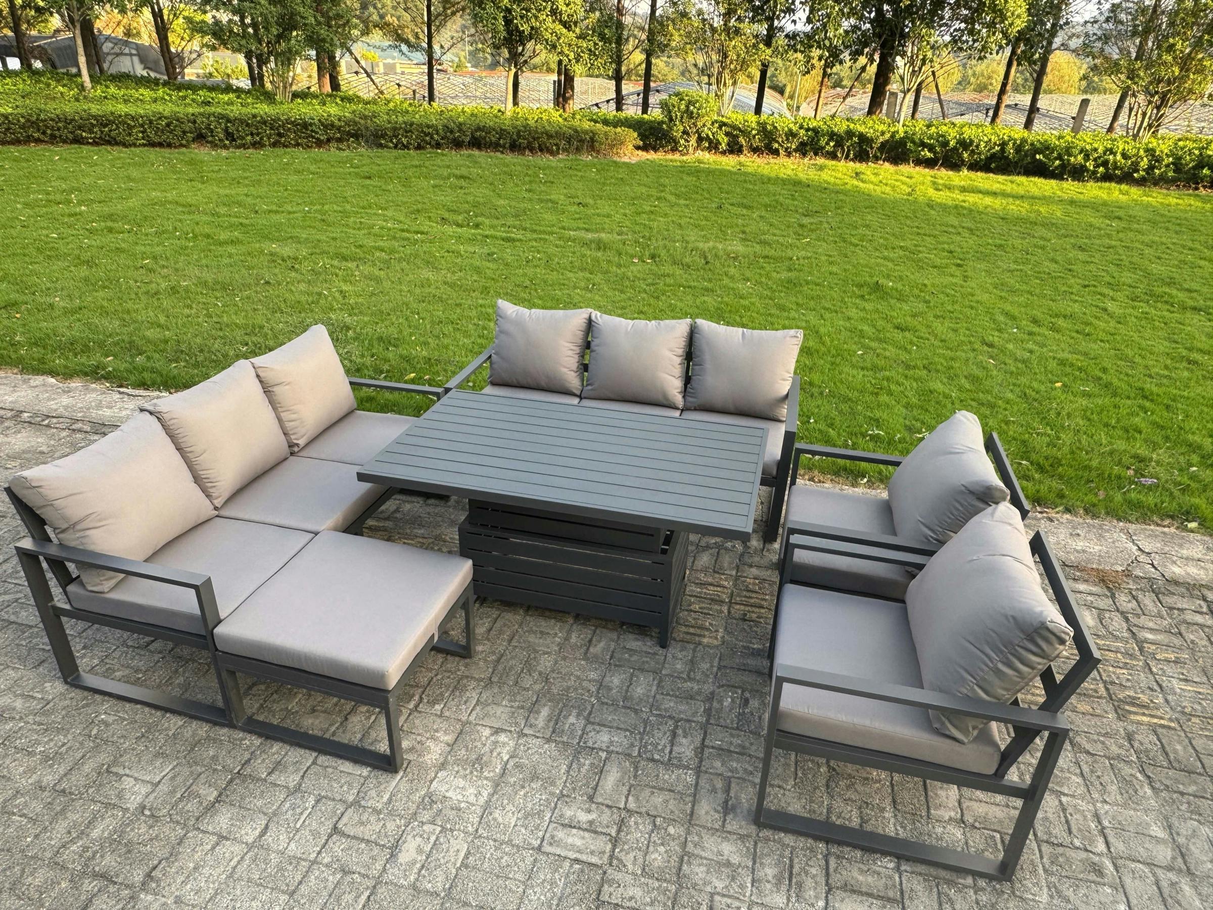Fimous Dark/Grey 9 Seater Aluminium Garden Furniture Set With Adjustable Rising Dining Table, 2 Chairs, Footstool