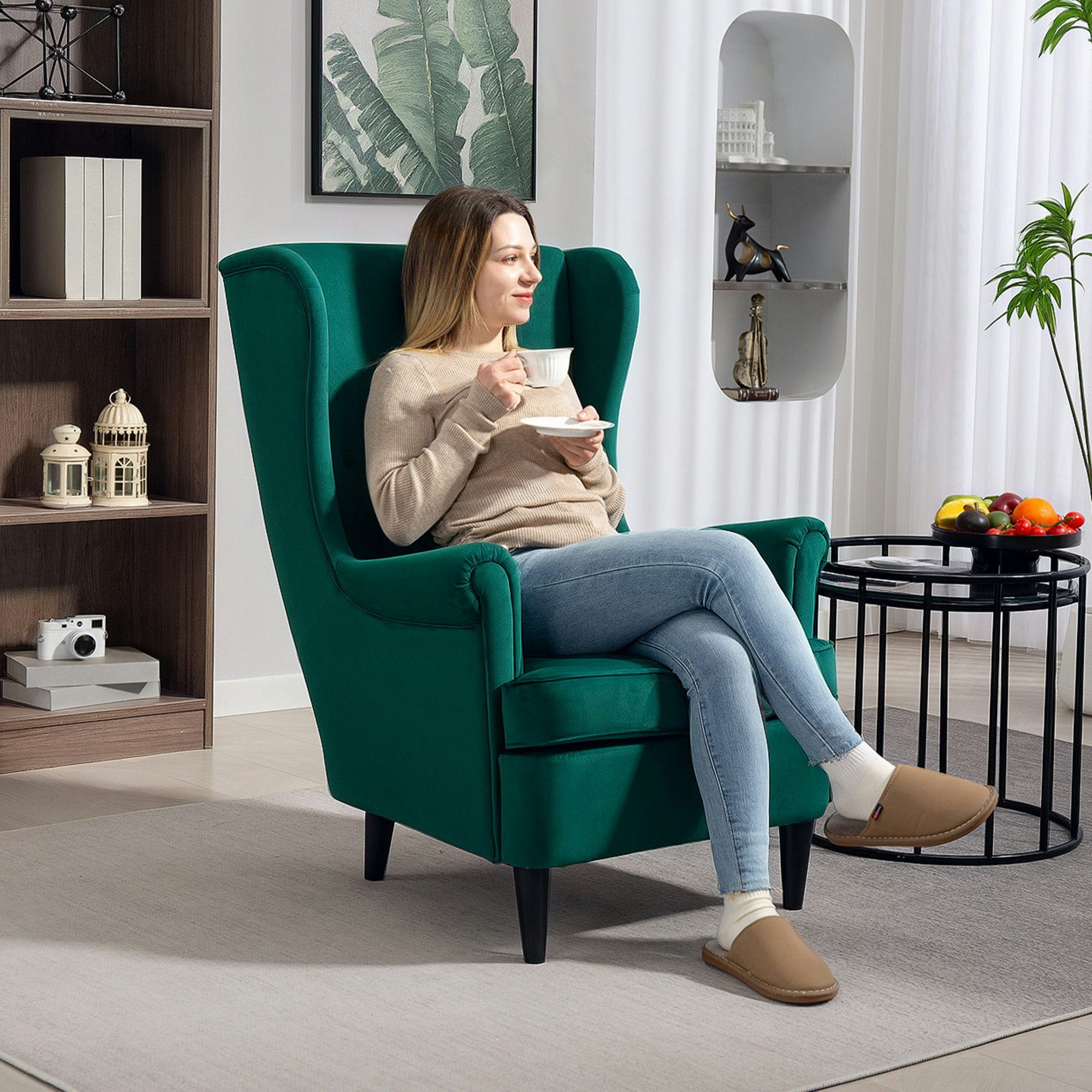 Rackhams Grey/Green Wingback Chair, Modern Accent Chair For Living Room Bedroom,