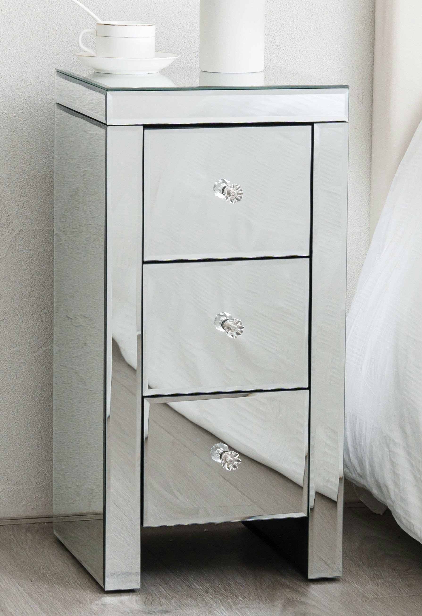 Comfy Living Light Small Mirrored Bedside Table With 3 Drawers Crystal Handles Bedroom Furniture