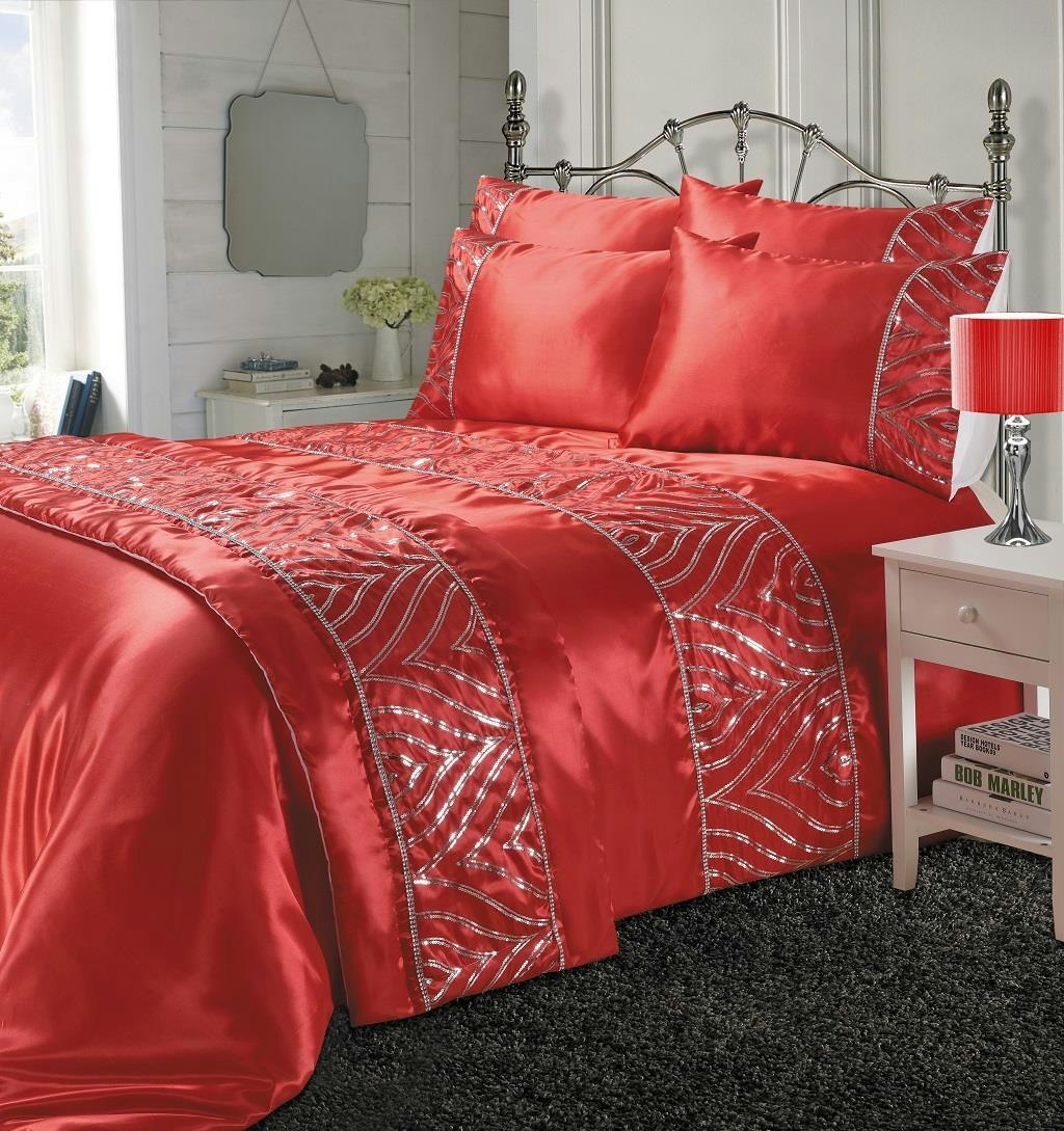 Homespace Direct Red Shimmer Duvet Cover Set Sequin Embellished Bedding - Super King - Duvet Cover Set
