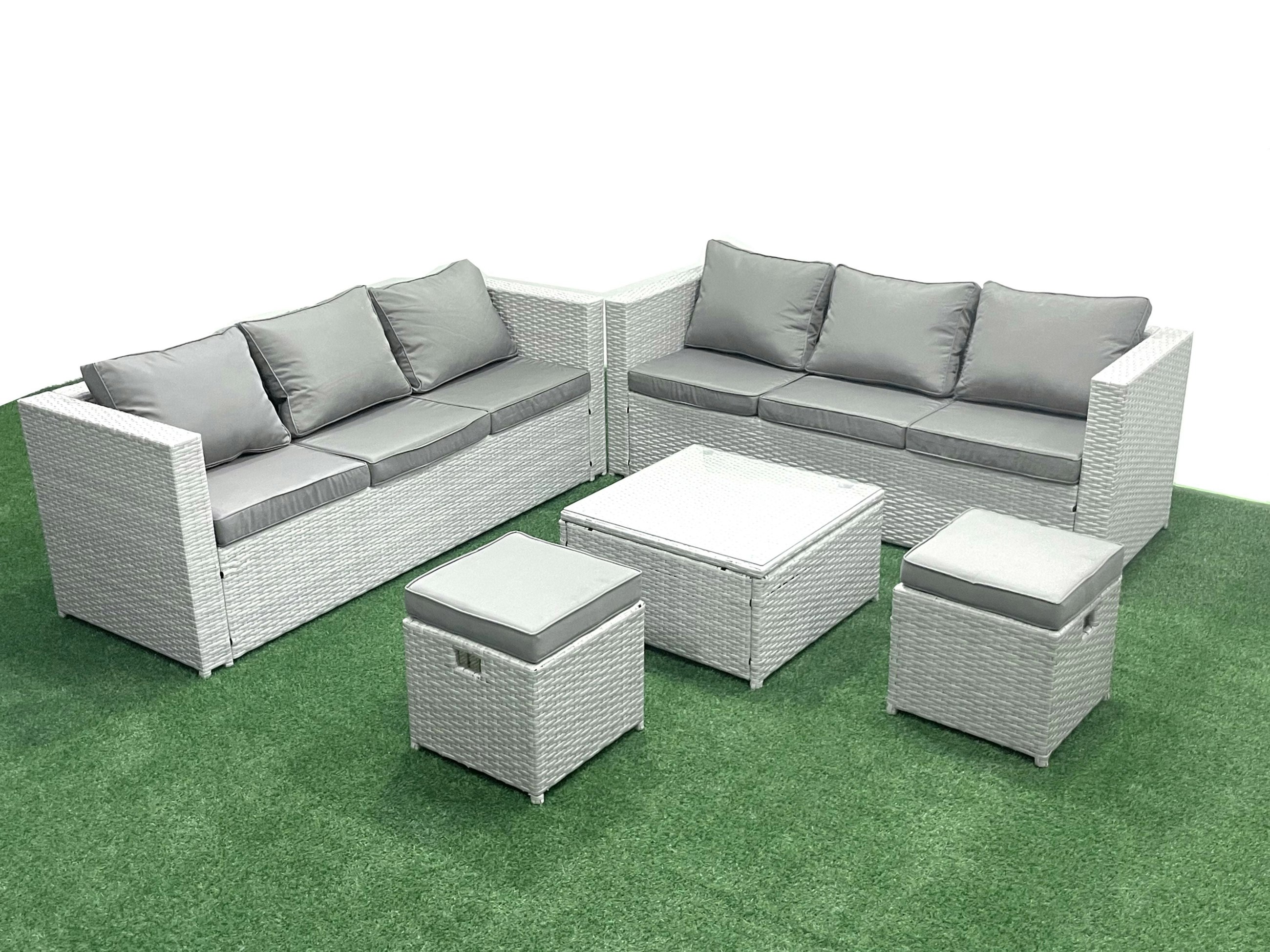 Rackhams Light/Grey Garden Outdoor Furniture Set 8 Seater Rattan Sofa Set With 2 Small Footstools Mixed