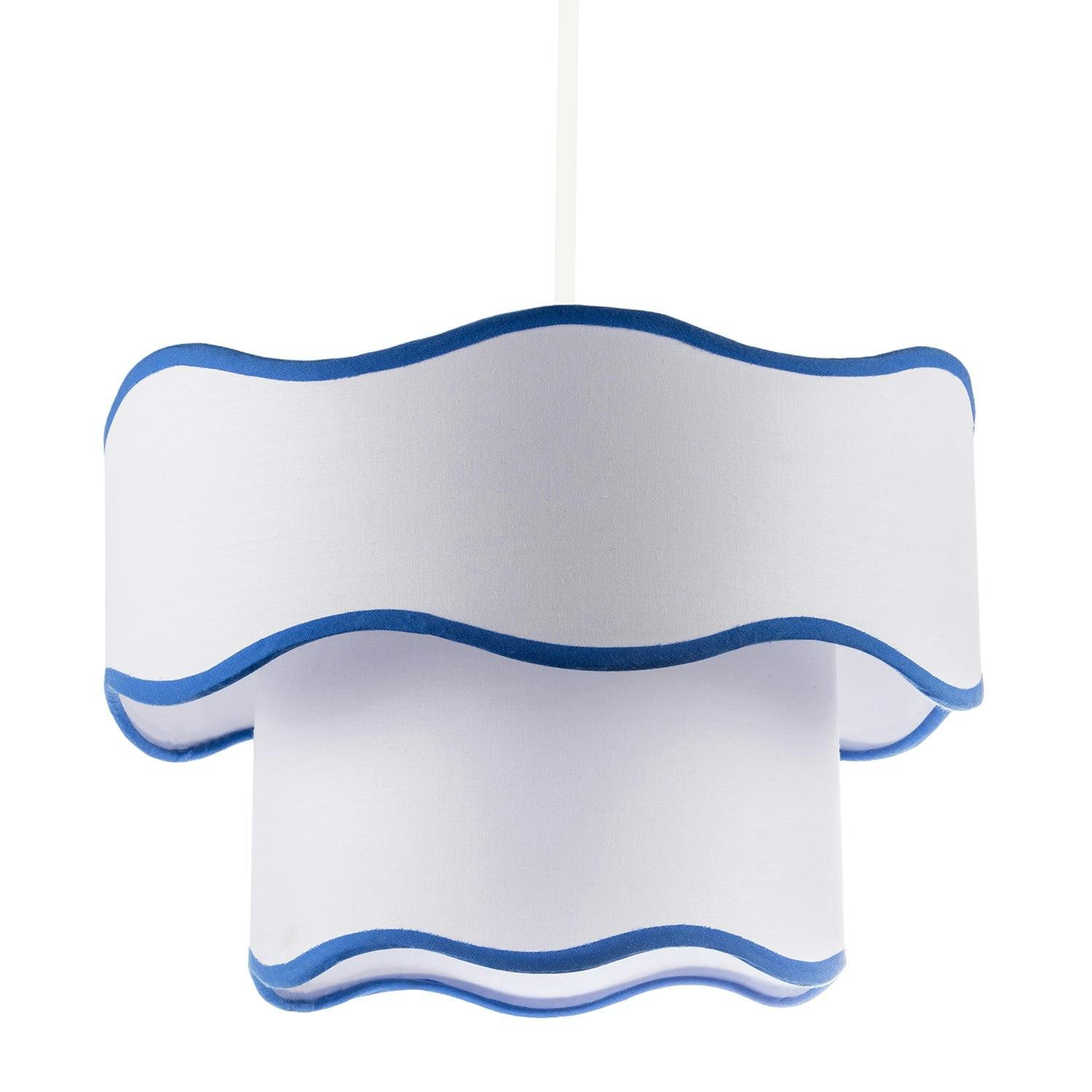 Happy Homewares White/Blue Tiered Design Double Layer Cotton Pendant Shade With Trim