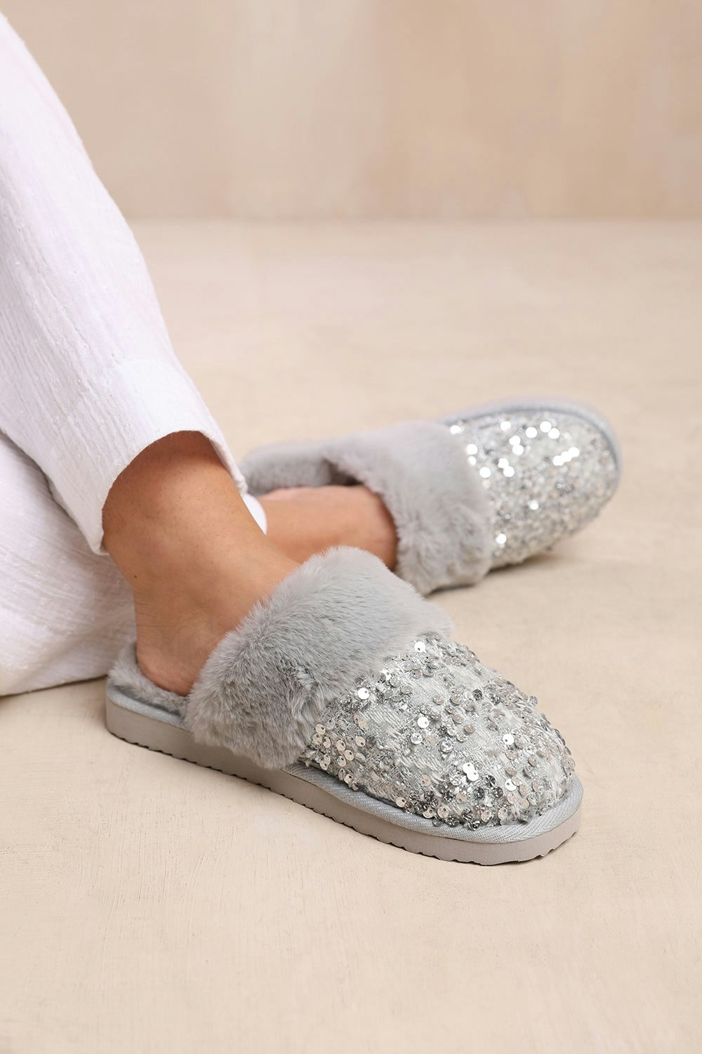 Where's That From Grey/Silver Cozy Slip On Sequin Slippers With Fur Trim In - Size 4