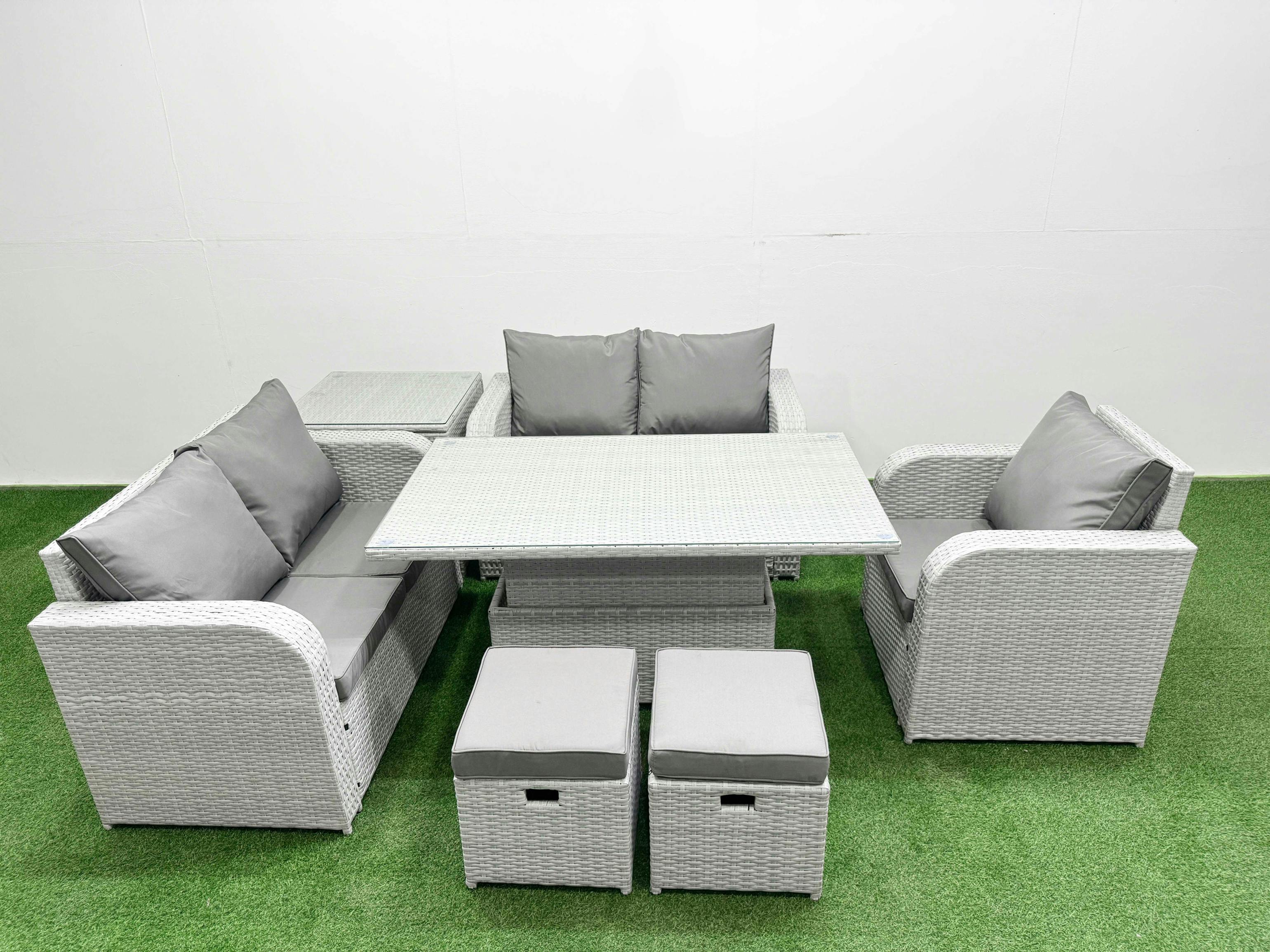 Fimous Light/Grey High Back Poly Rattan Garden Furniture Set, Adj Height Table, Reclining Loveseat, Indoor Outdoor Patio, 2 Stools And Side Table,
