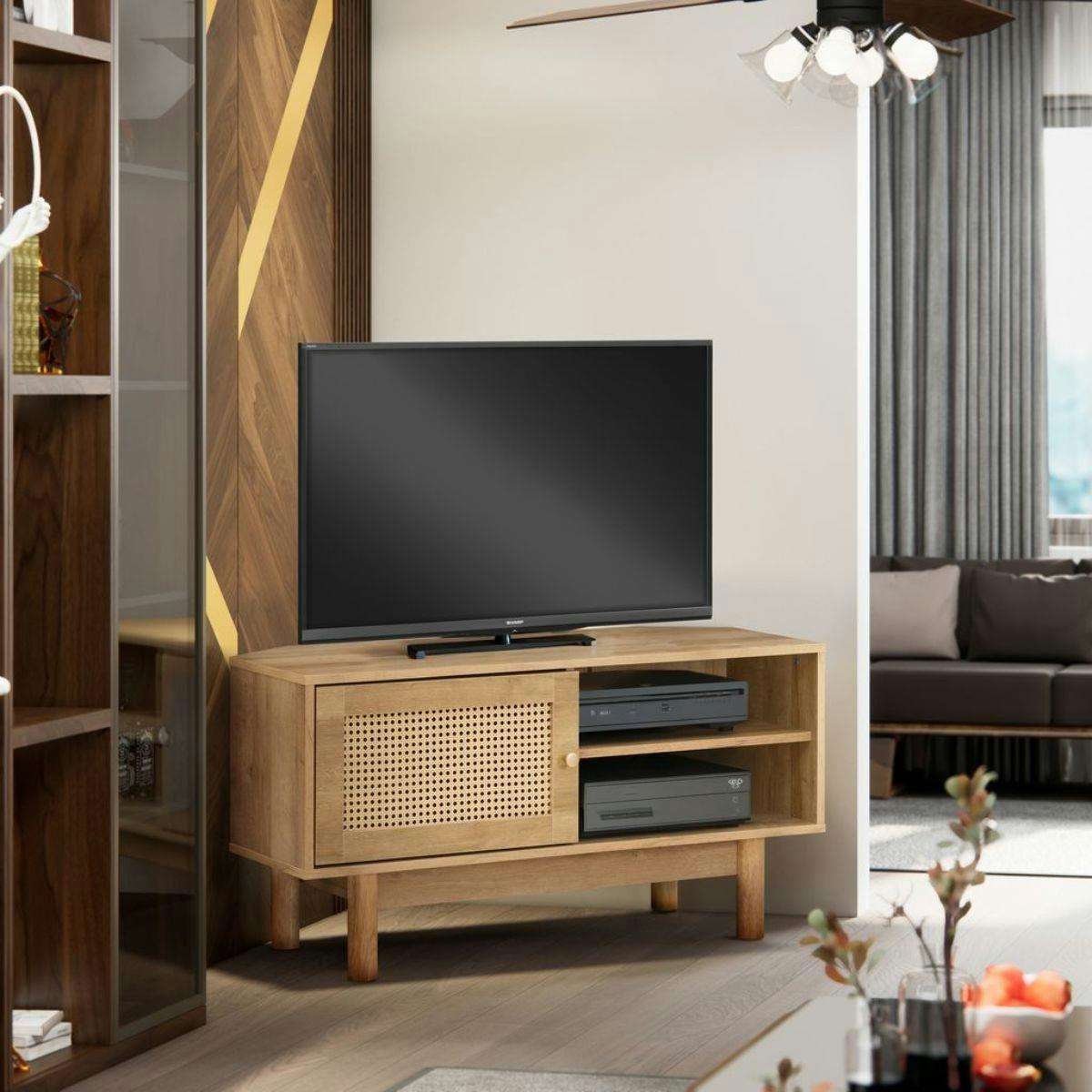 Rackhams Manila Rattan Corner Tv Unit - Oak And Pvc Rattan Size 1