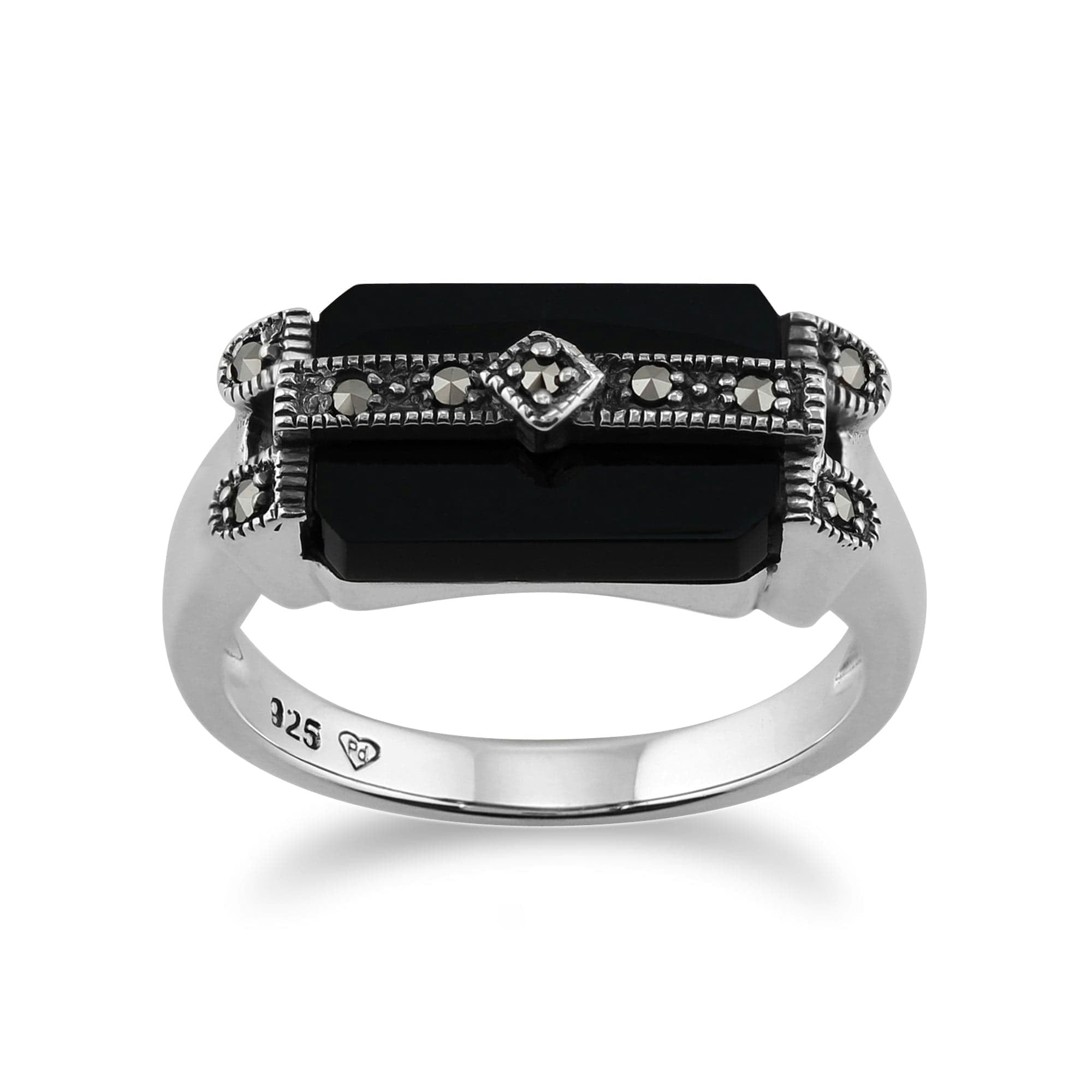 Gemondo Black/Onyx/Silver Art Deco Style Rectangle & Marcasite Bar Ring In 925 Sterling - L