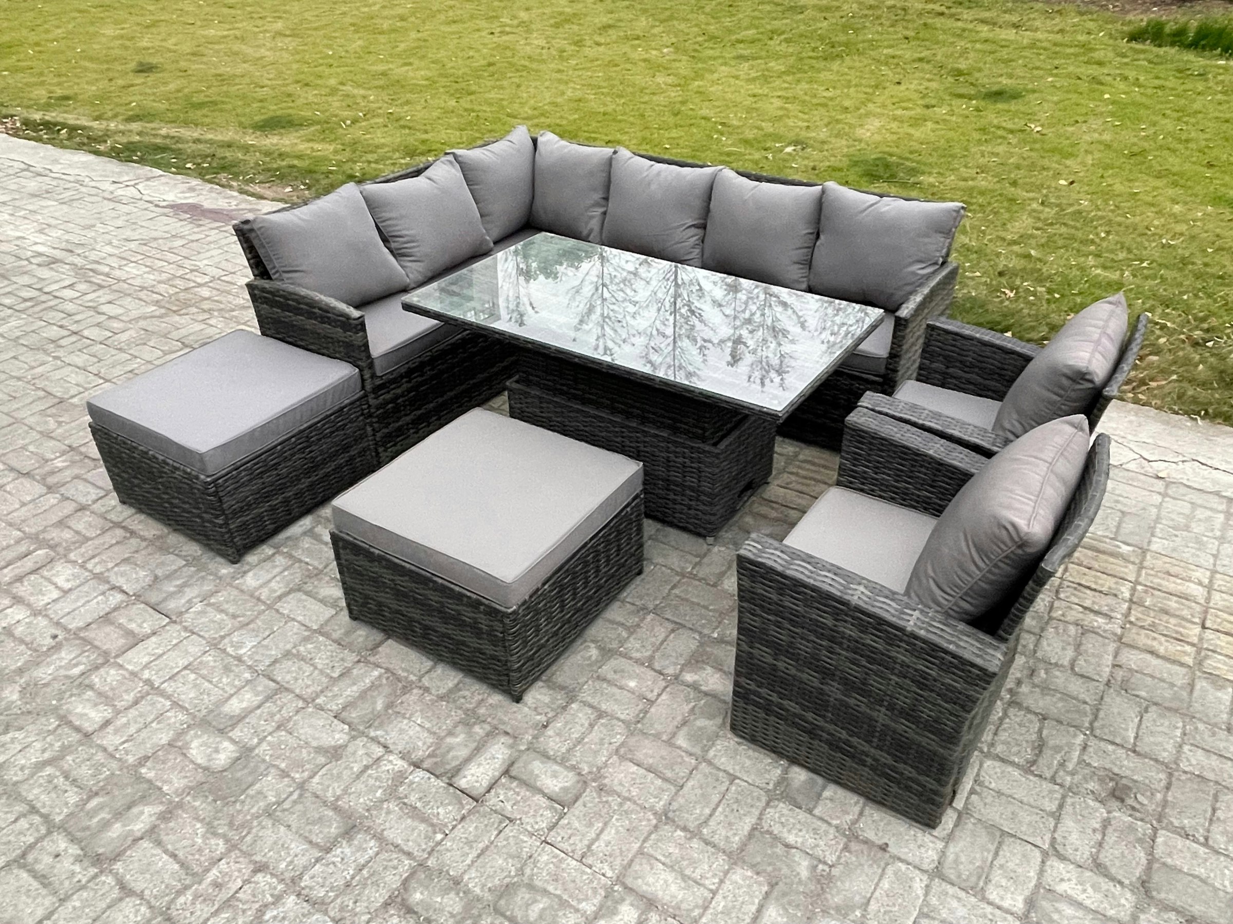 Fimous Dark/Grey Mixed Pe Rattan Outdoor Dining Set - Height Adjustable Lifting Table, 2 Big Footstools & 2 Armchairs