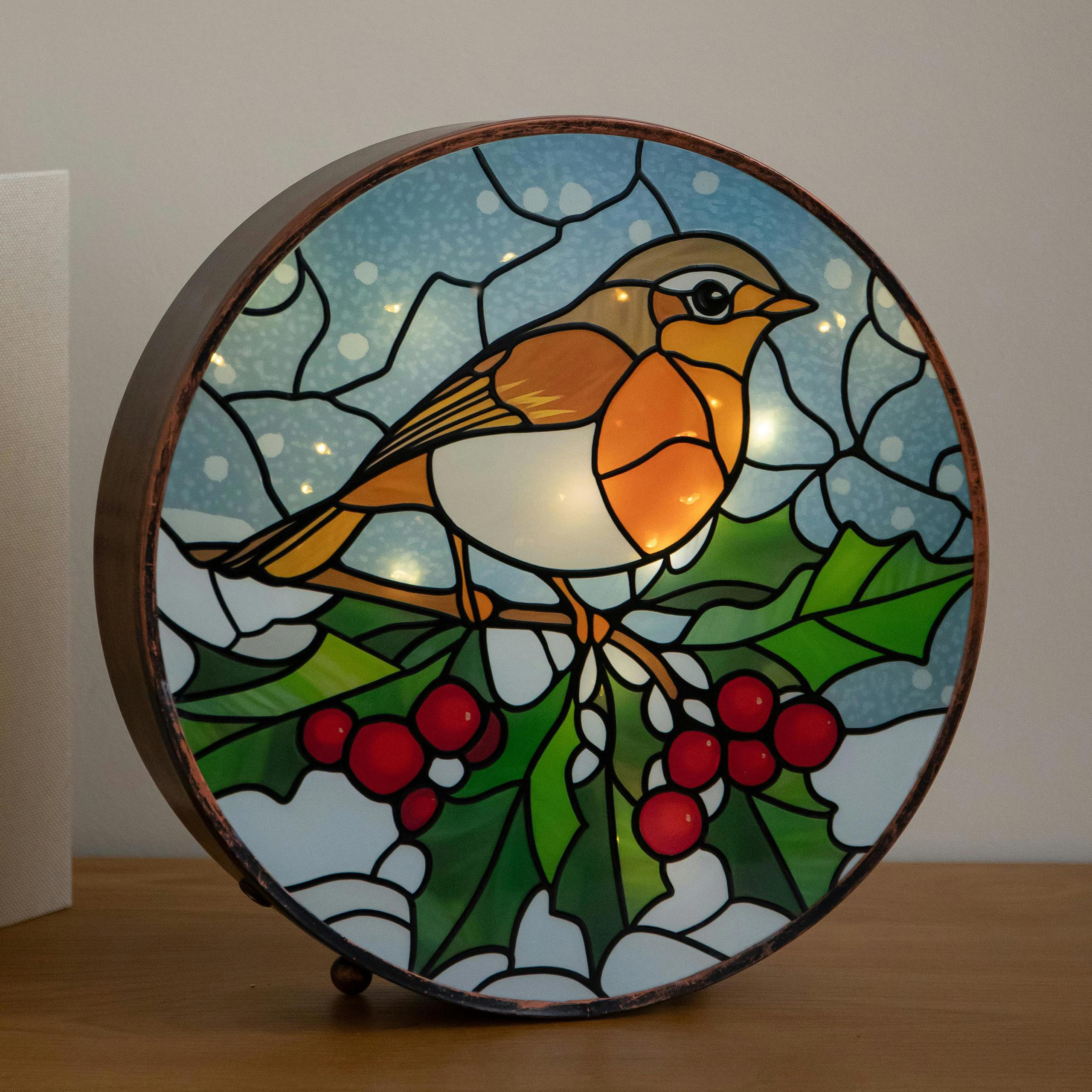 Rackhams Light 25Cm Stained Glass Robin Up Christmas Decoration With Leds