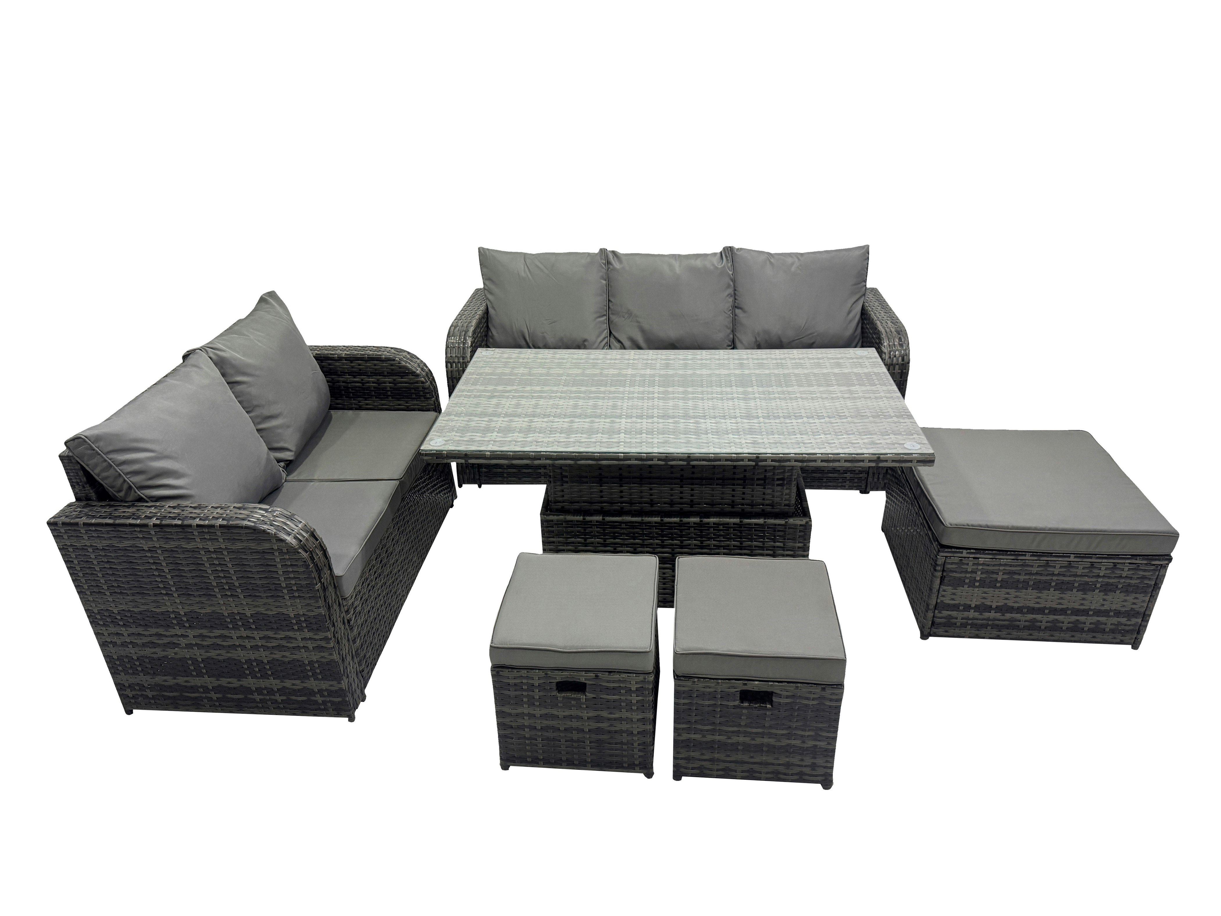 Fimous Dark/Grey Rattan Garden Furniture Dining Set 8 Seater Patio Height Adjustable Rising Lifting Table Sofa Set With 3 Footstools Mixed