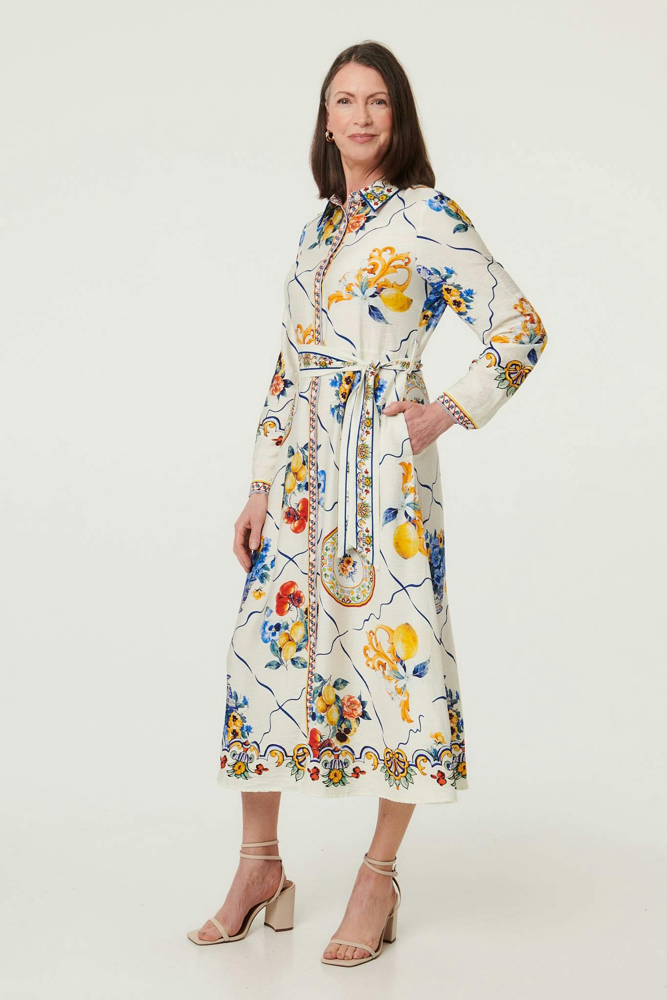 Izabel London Beige Printed Long Sleeve Maxi Shirt Dress - 14