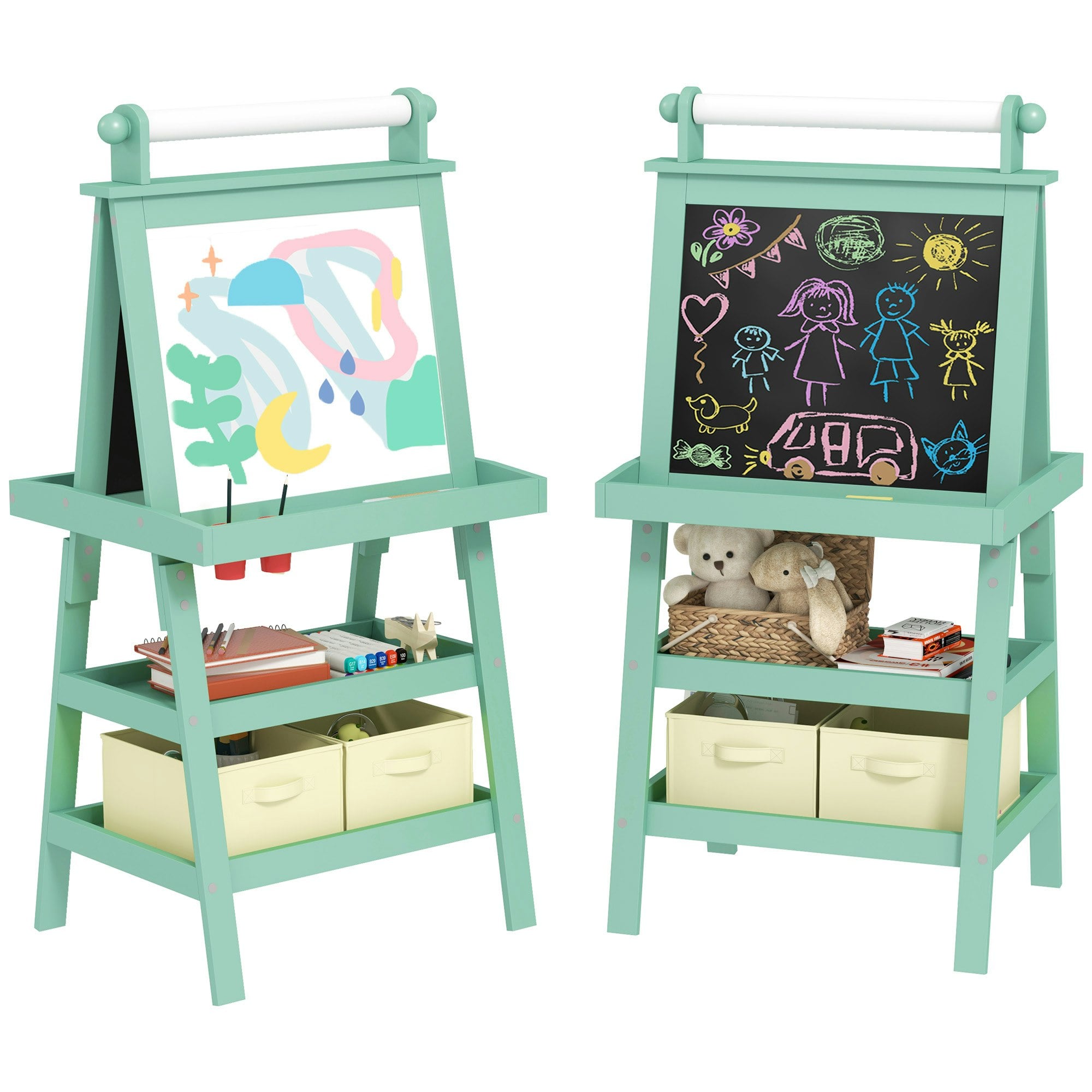 Aiyaplay Pink Double-Sided Art Easel For Kids W/ Paper Roll, Storage Baskets